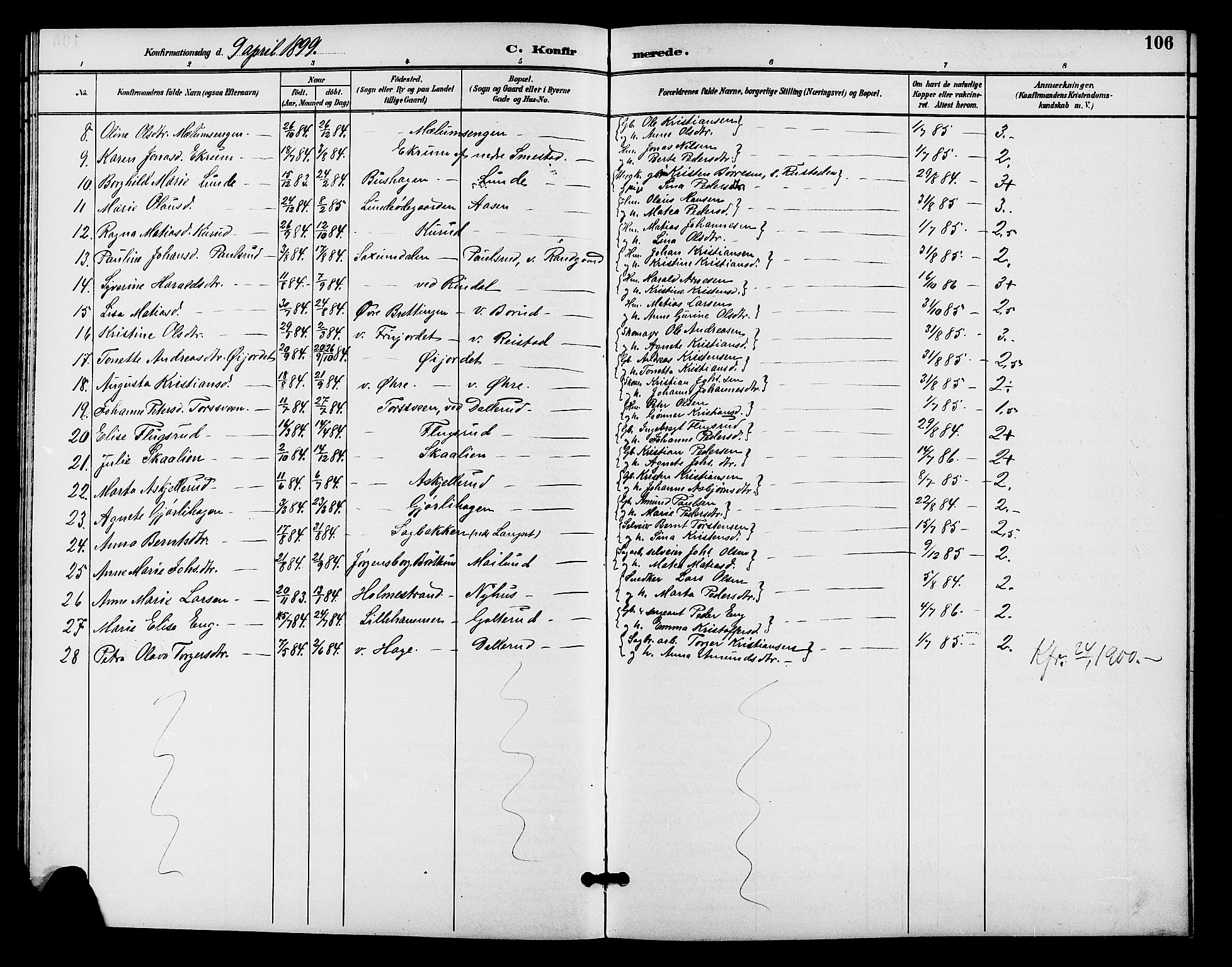 Fåberg prestekontor, SAH/PREST-086/H/Ha/Hab/L0009: Parish register (copy) no. 9, 1891-1902, p. 106