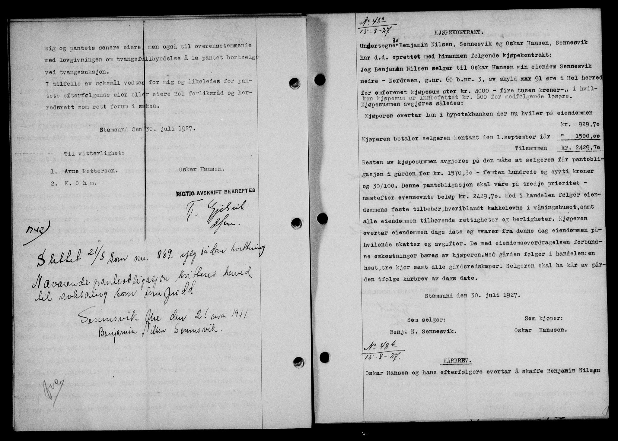 Lofoten sorenskriveri, AV/SAT-A-0017/1/2/2C/L0016b: Mortgage book no. 16b, 1927-1927, Deed date: 15.08.1927