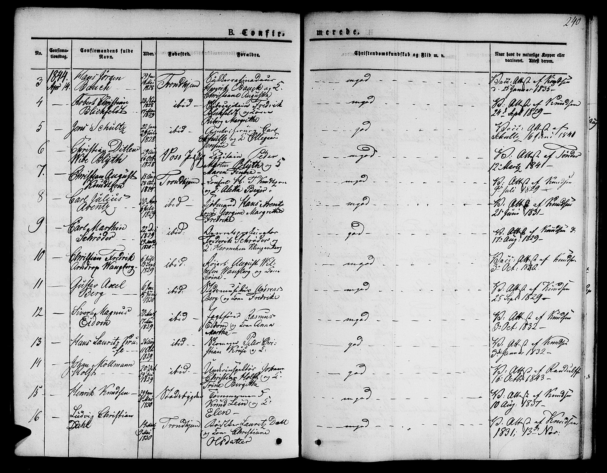 Ministerialprotokoller, klokkerbøker og fødselsregistre - Sør-Trøndelag, SAT/A-1456/601/L0048: Parish register (official) no. 601A16, 1840-1847, p. 240