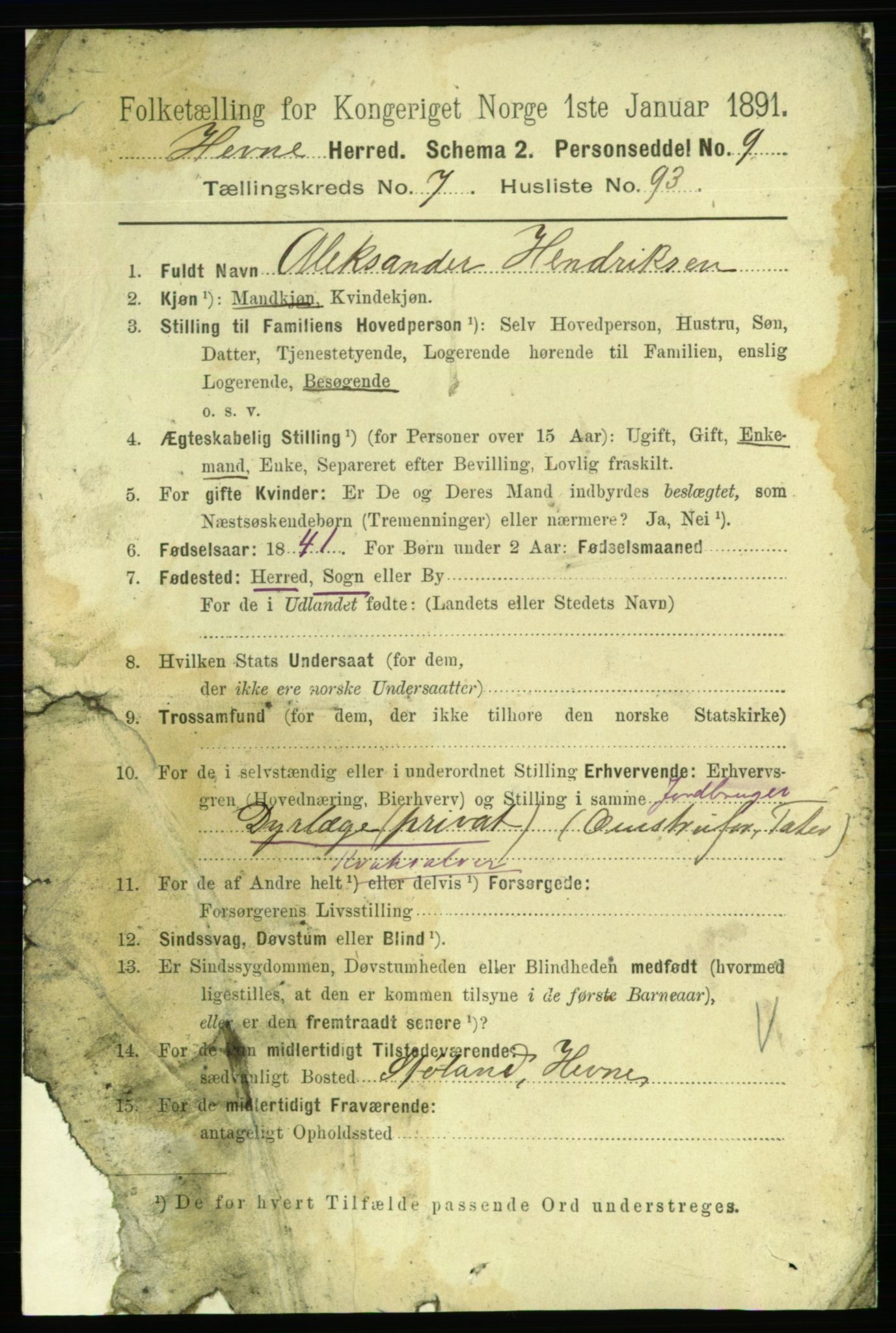 RA, 1891 census for 1612 Hemne, 1891, p. 4834