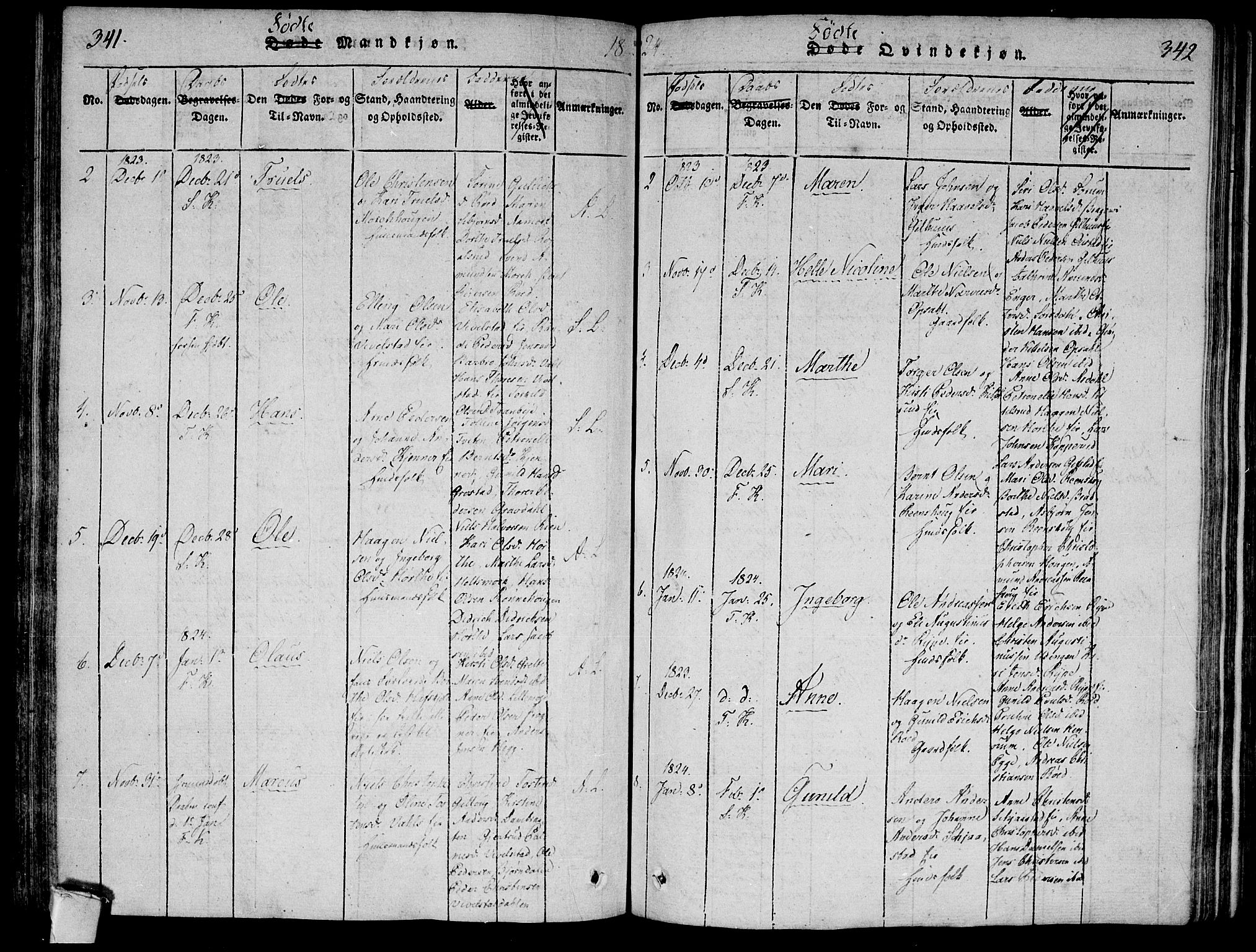 Lier kirkebøker, AV/SAKO-A-230/F/Fa/L0008: Parish register (official) no. I 8, 1813-1825, p. 342-343