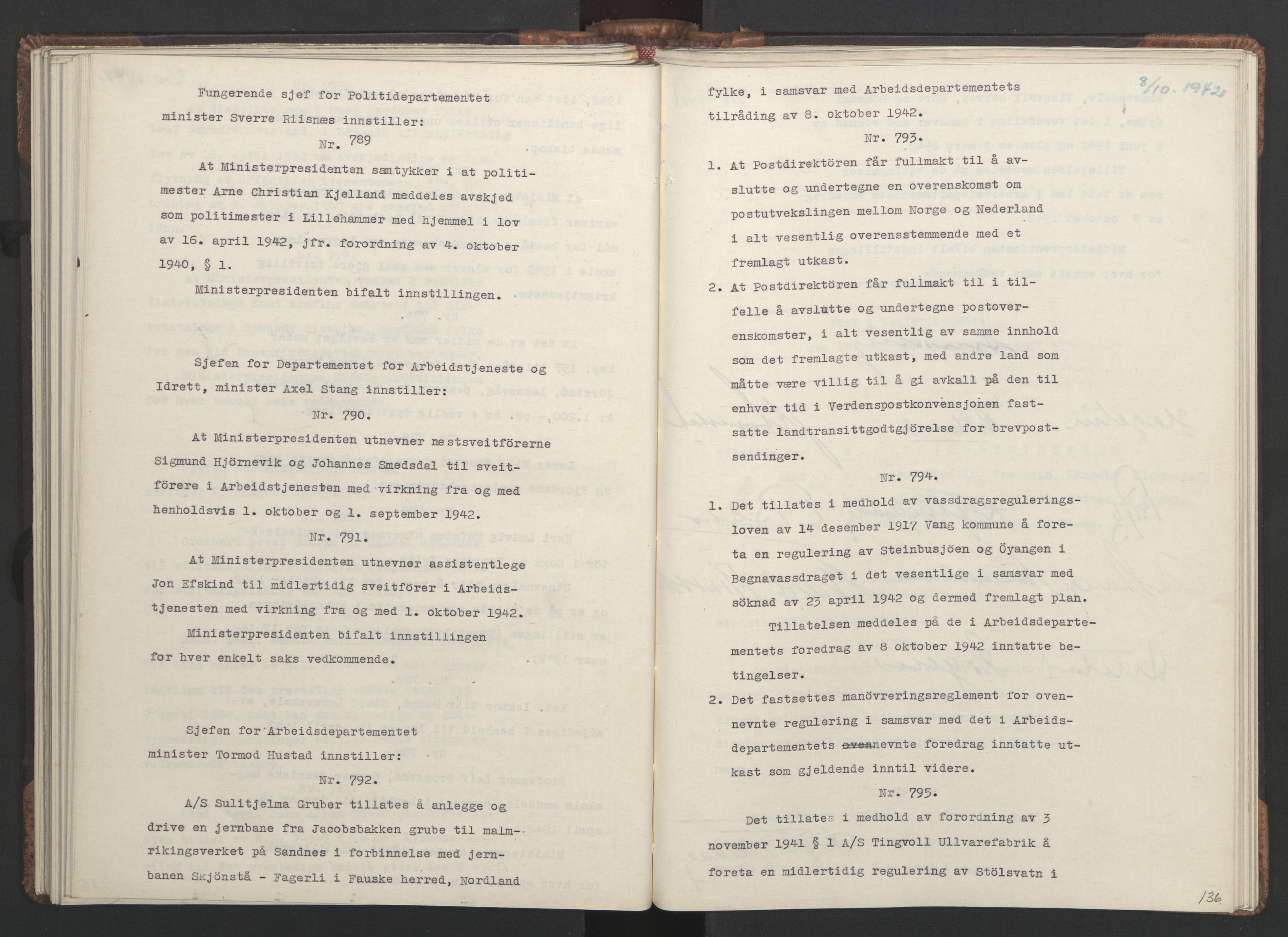 NS-administrasjonen 1940-1945 (Statsrådsekretariatet, de kommisariske statsråder mm), RA/S-4279/D/Da/L0001: Beslutninger og tillegg (1-952 og 1-32), 1942, p. 139