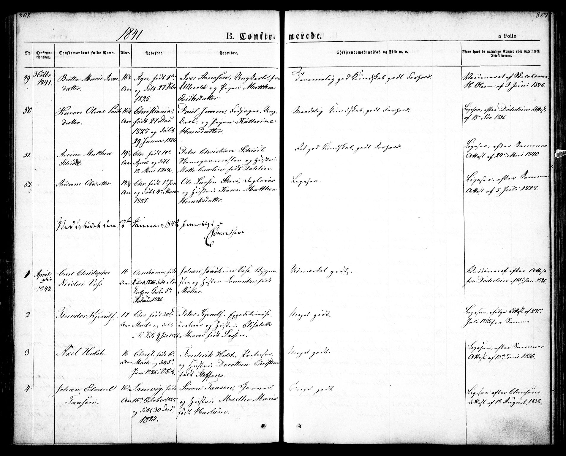 Oslo domkirke Kirkebøker, SAO/A-10752/F/Fa/L0012: Parish register (official) no. 12, 1837-1845, p. 807-808