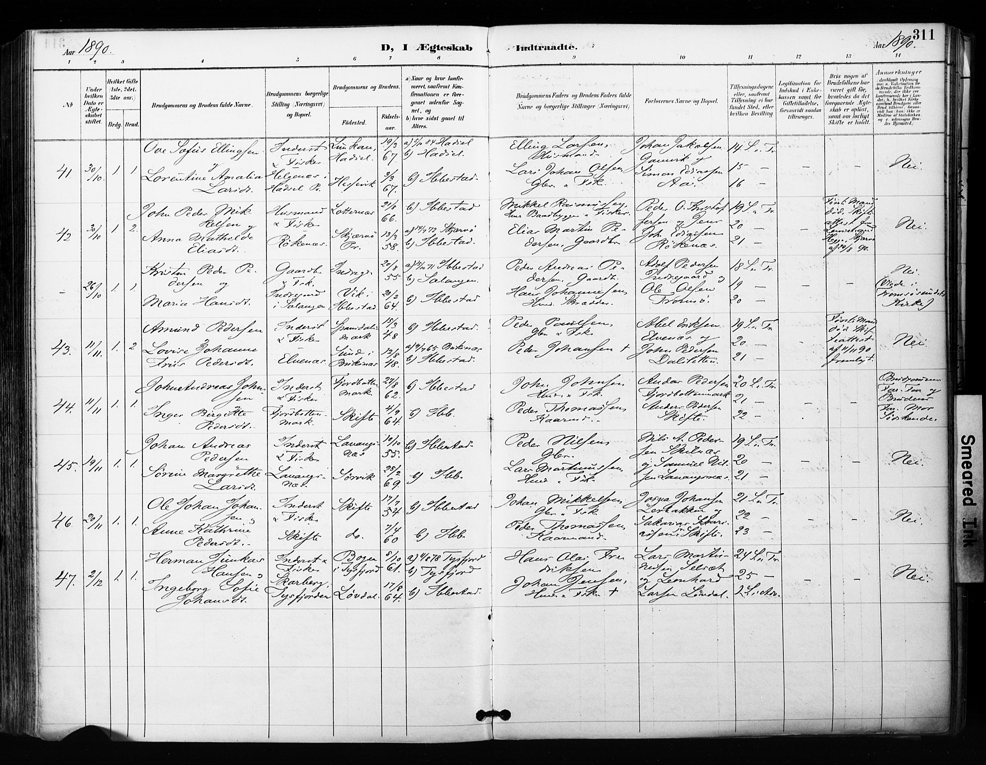 Ibestad sokneprestembete, SATØ/S-0077/H/Ha/Haa/L0012kirke: Parish register (official) no. 12, 1890-1900, p. 311