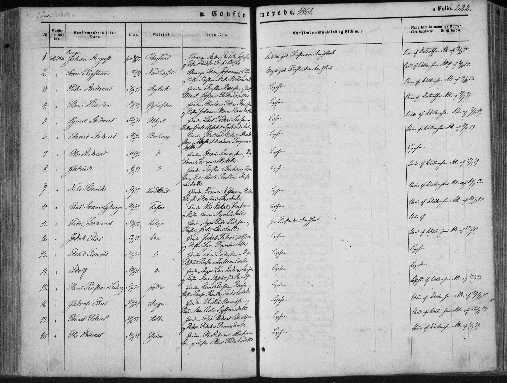 Lista sokneprestkontor, SAK/1111-0027/F/Fa/L0011: Parish register (official) no. A 11, 1861-1878, p. 222