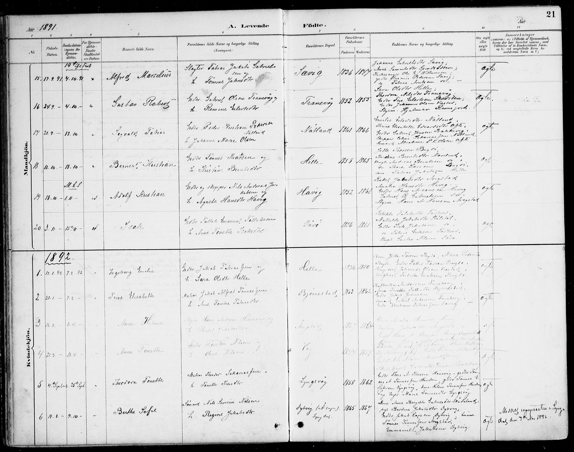 Herad sokneprestkontor, SAK/1111-0018/F/Fa/Fab/L0005: Parish register (official) no. A 5, 1886-1913, p. 21