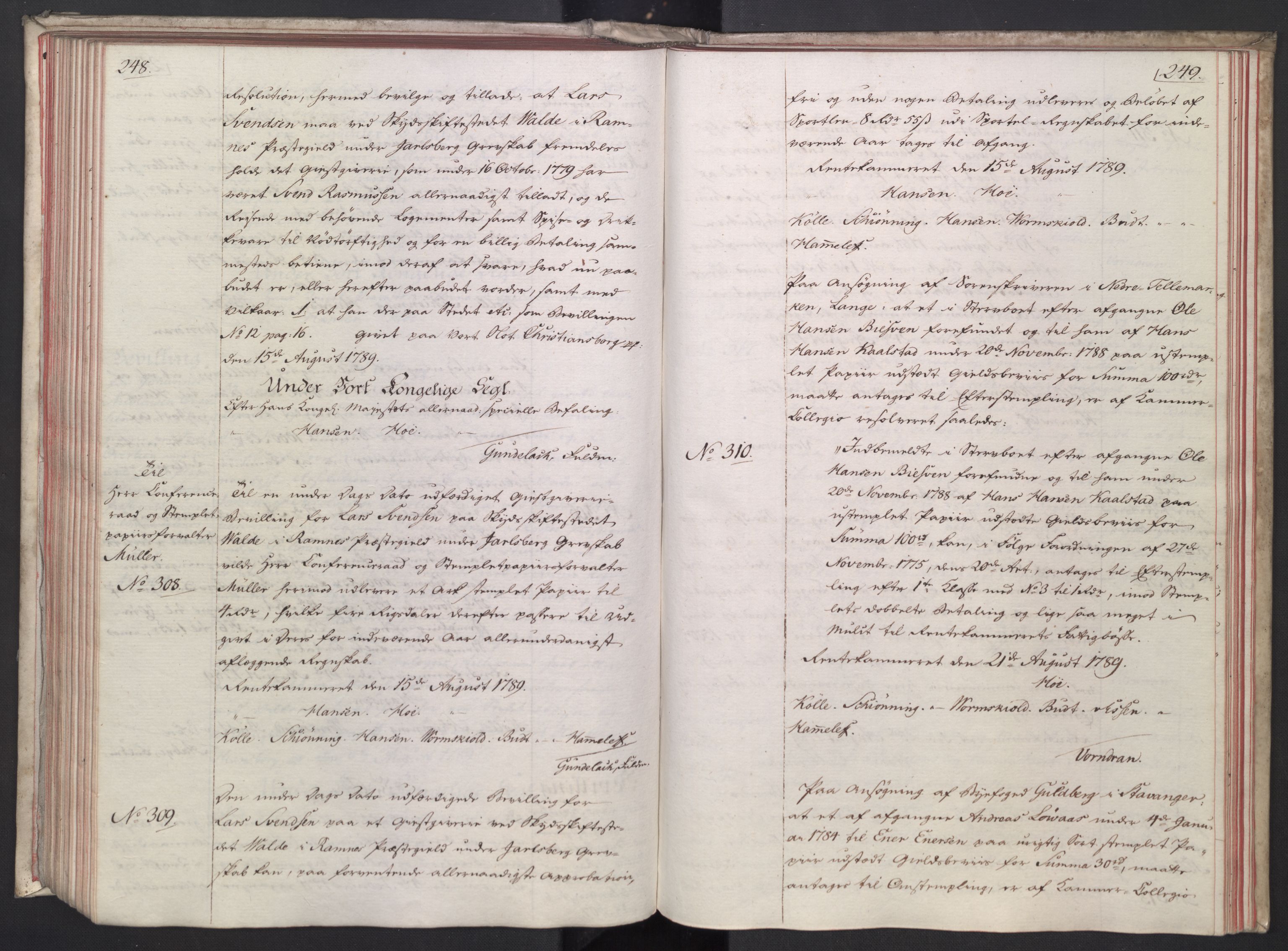 Rentekammeret, Kammerkanselliet, RA/EA-3111/G/Gg/Gga/L0014: Norsk ekspedisjonsprotokoll med register (merket RK 53.14), 1787-1790, p. 248-249