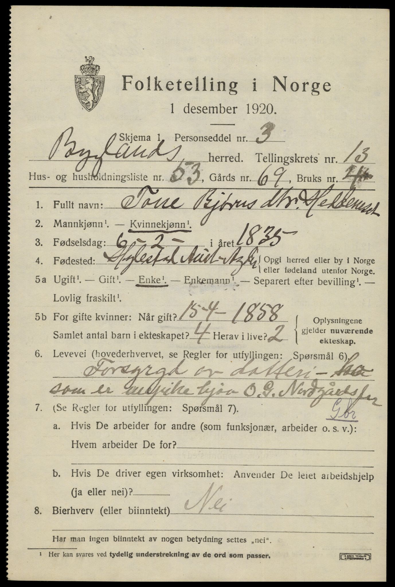 SAK, 1920 census for Bygland, 1920, p. 5909