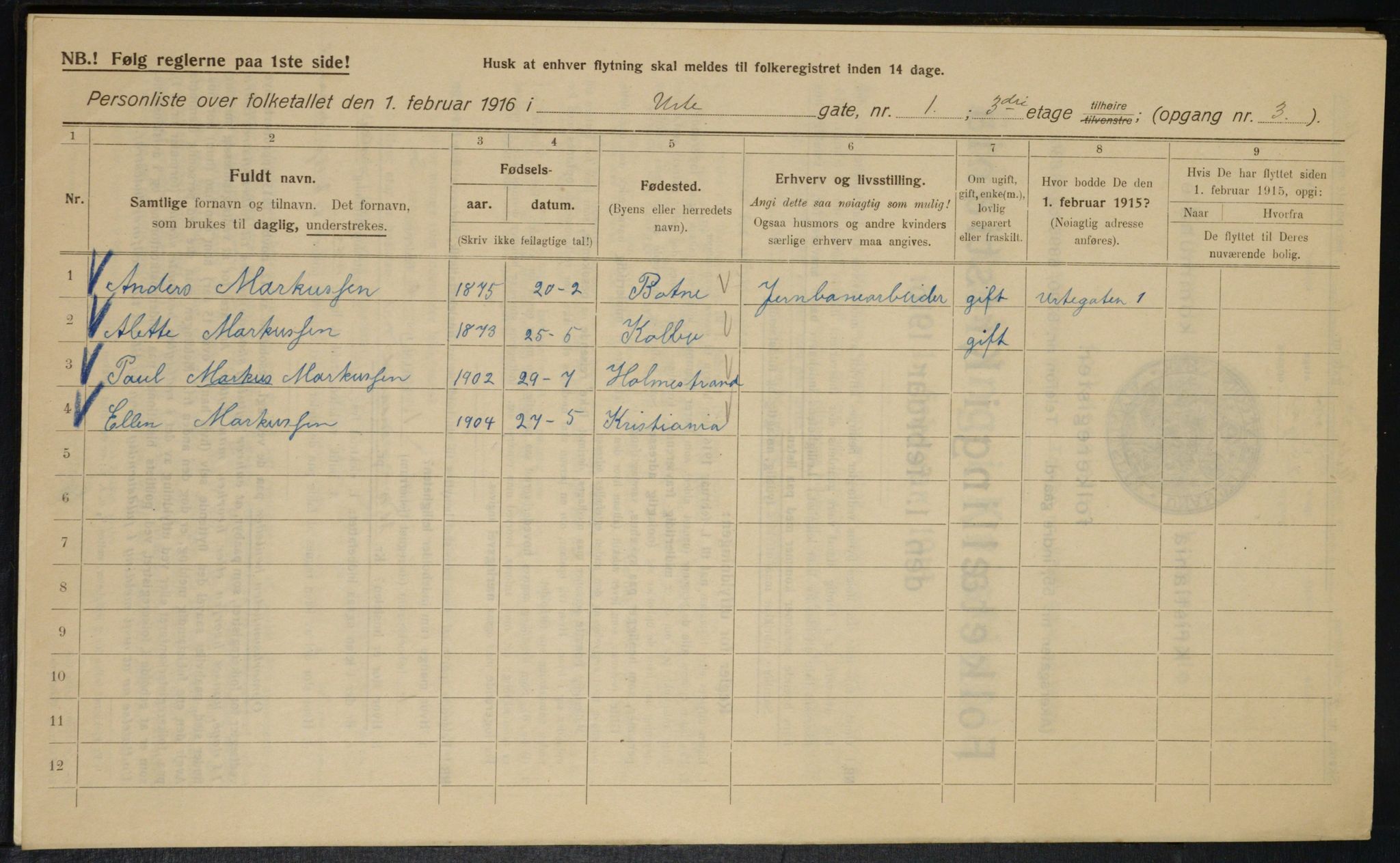 OBA, Municipal Census 1916 for Kristiania, 1916, p. 124284