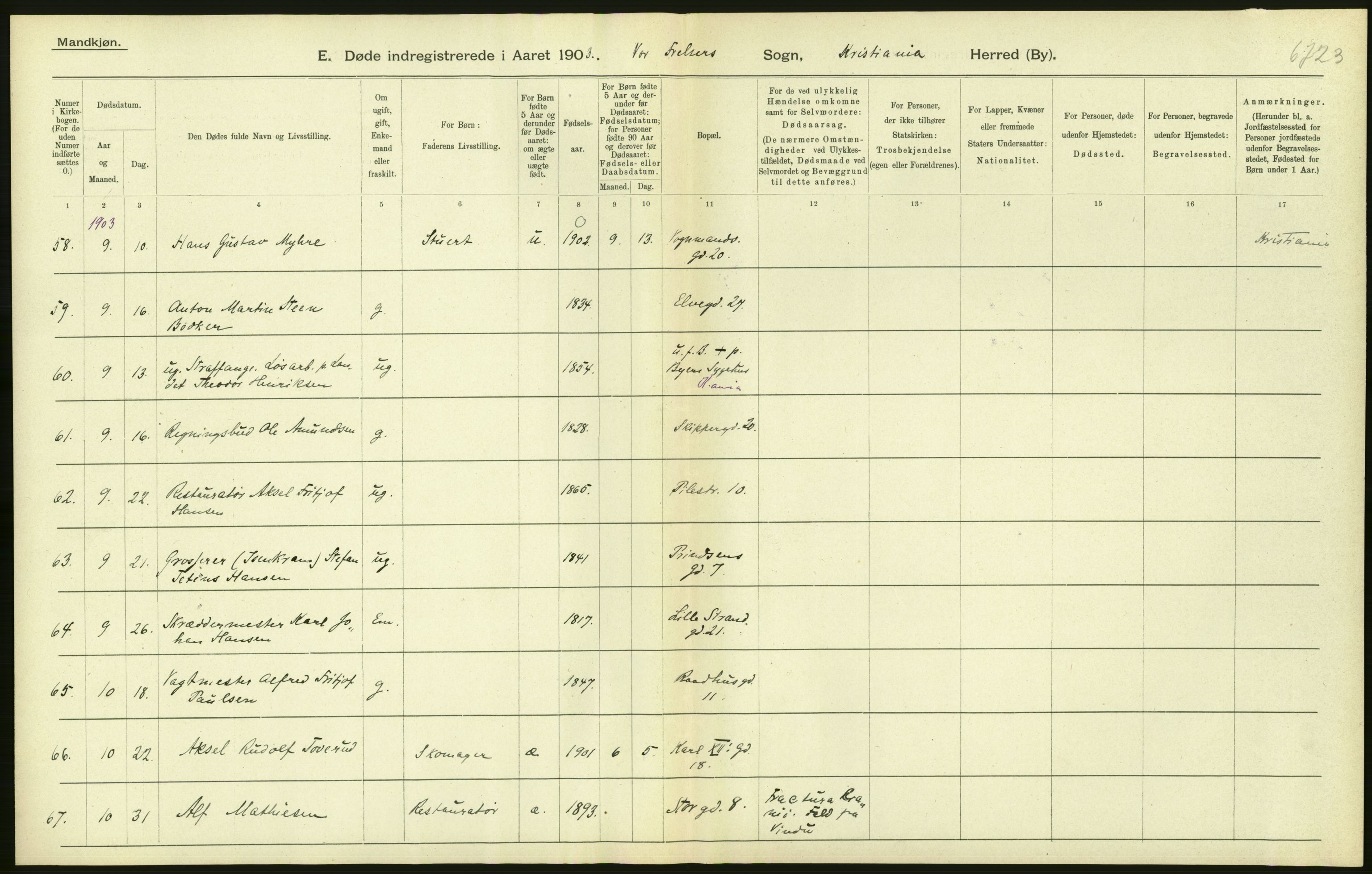 Statistisk sentralbyrå, Sosiodemografiske emner, Befolkning, AV/RA-S-2228/D/Df/Dfa/Dfaa/L0004: Kristiania: Gifte, døde, 1903, p. 114