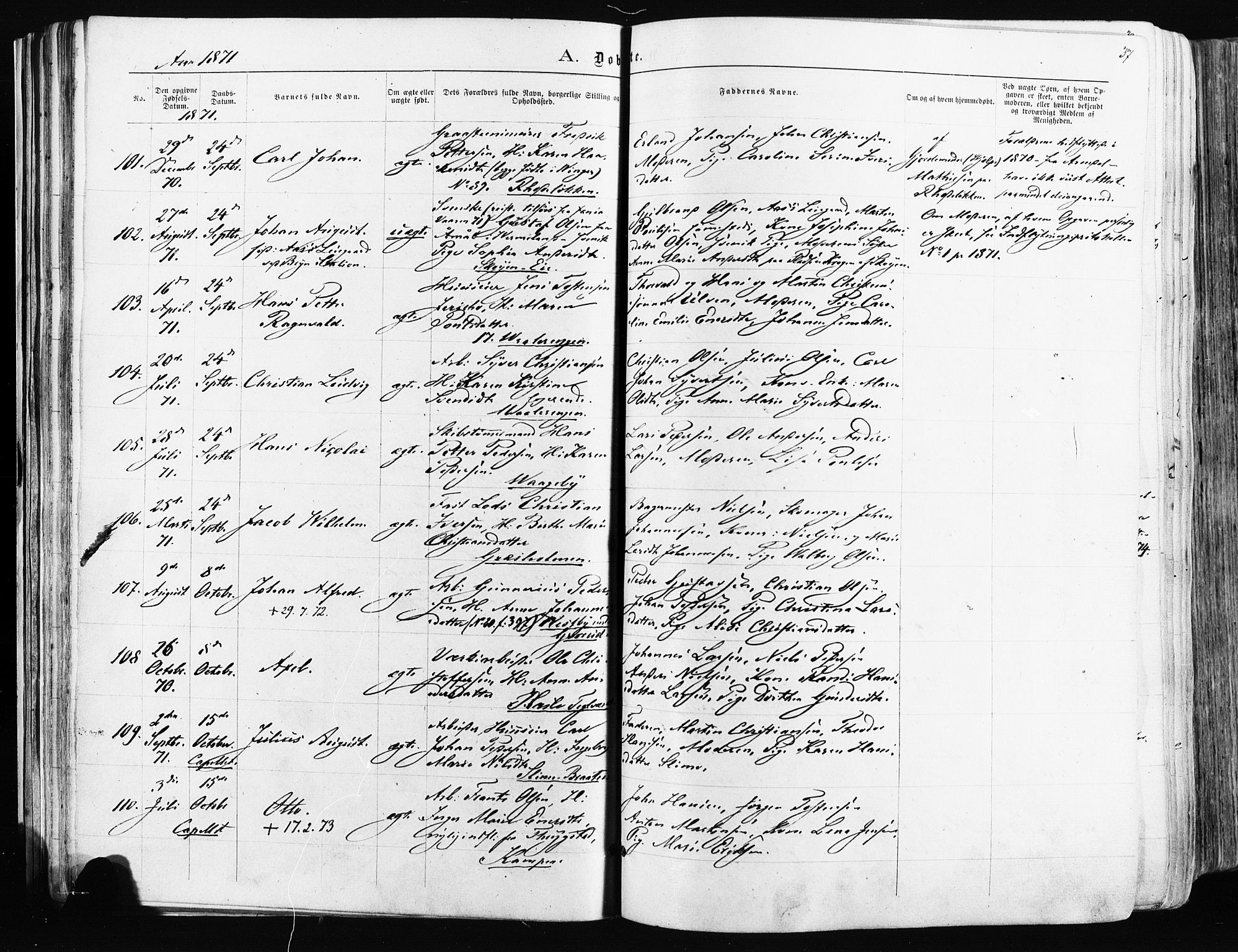 Østre Aker prestekontor Kirkebøker, AV/SAO-A-10840/F/Fa/L0003: Parish register (official) no. I 3, 1869-1875, p. 37