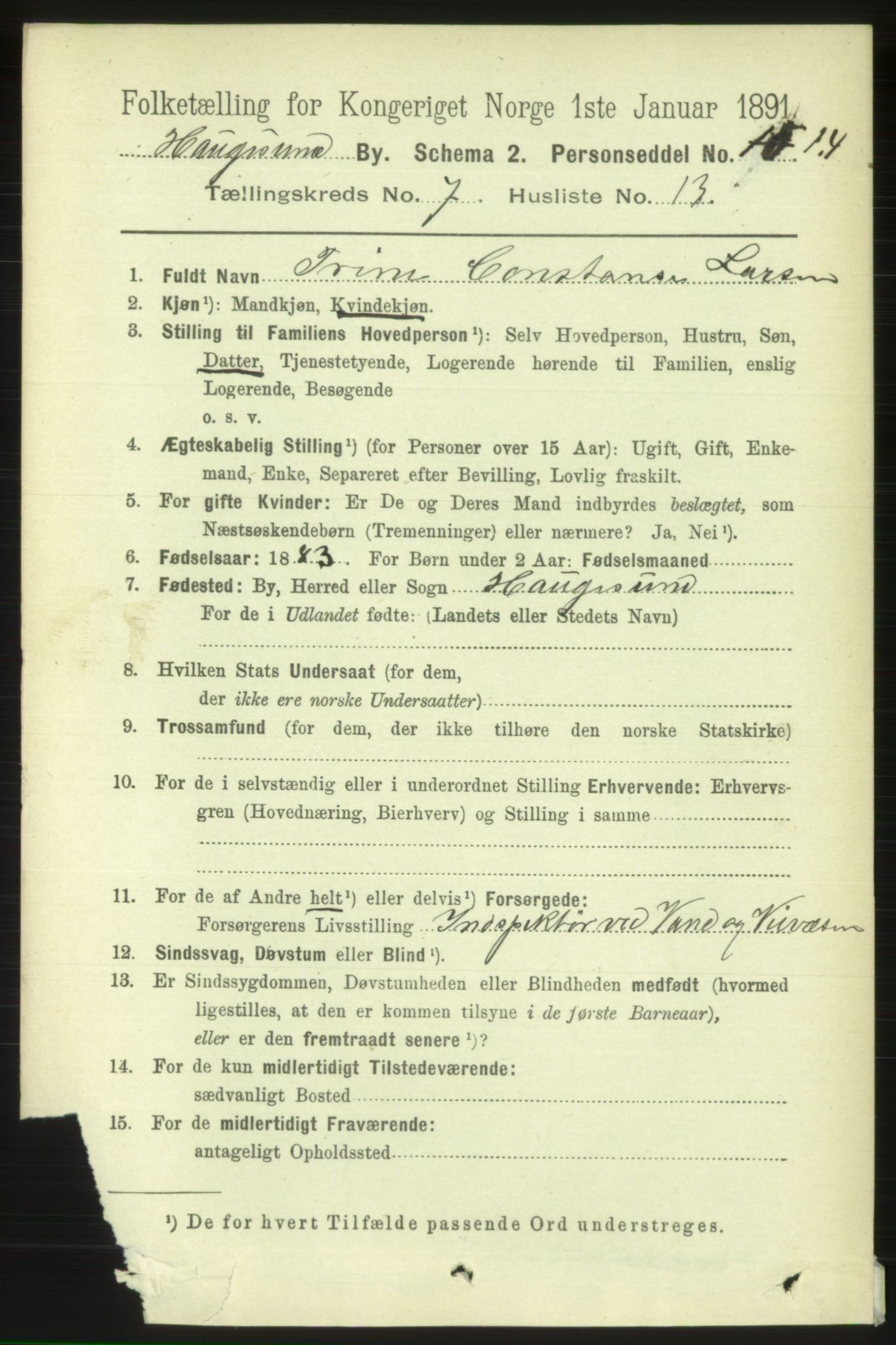 RA, 1891 census for 1106 Haugesund, 1891, p. 3233