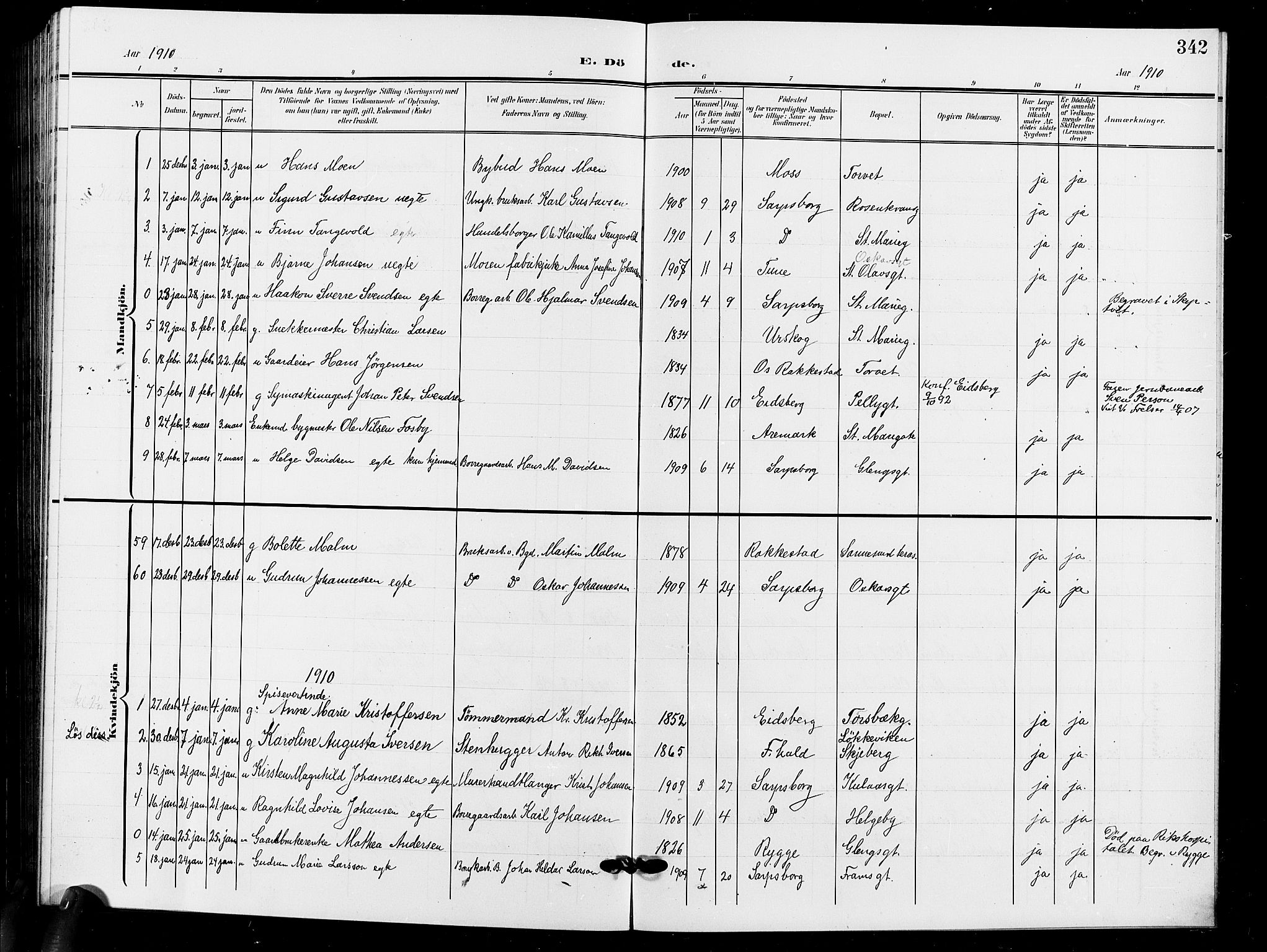 Sarpsborg prestekontor Kirkebøker, AV/SAO-A-2006/G/Ga/L0001: Parish register (copy) no. 1, 1902-1911, p. 342