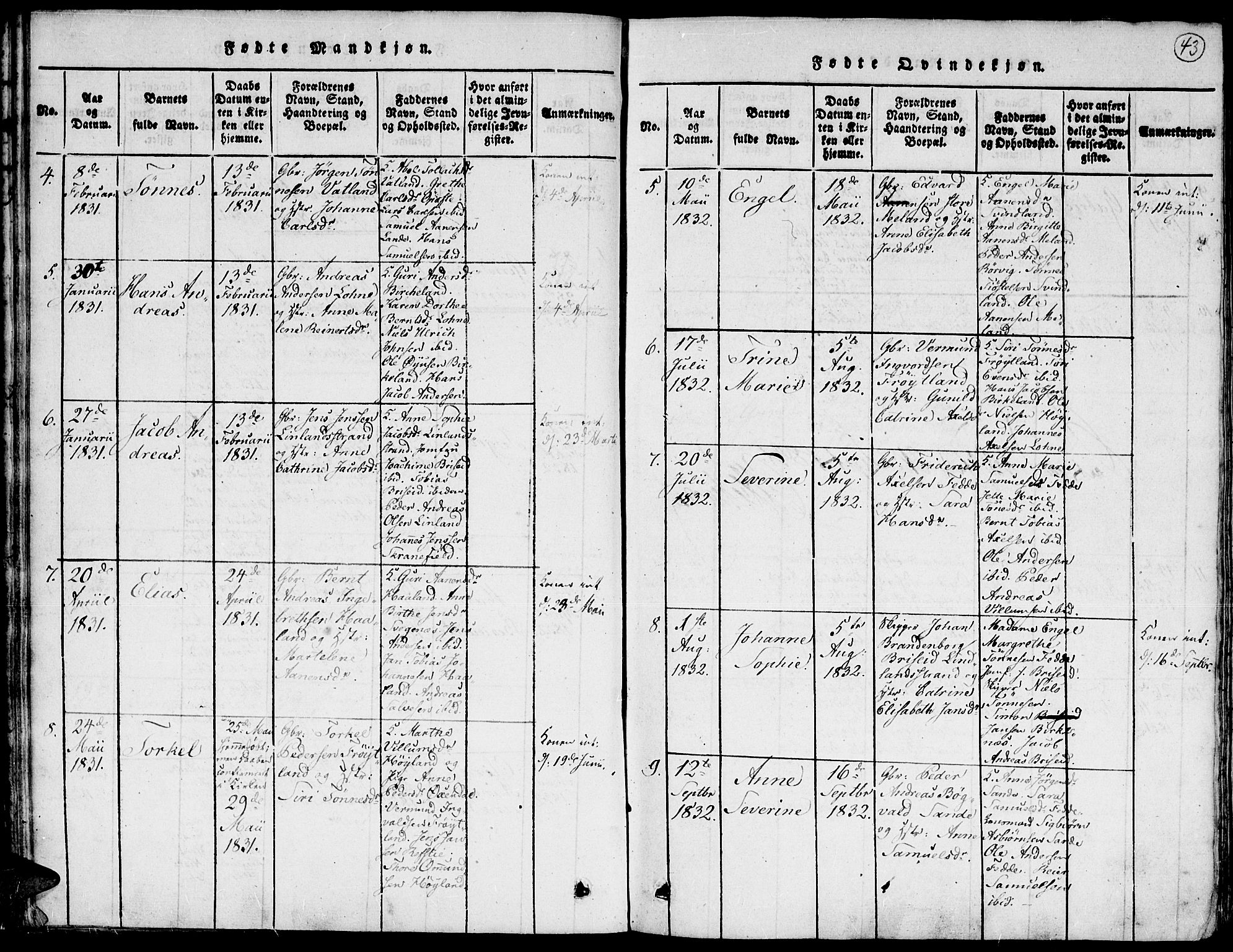 Kvinesdal sokneprestkontor, AV/SAK-1111-0026/F/Fa/Faa/L0001: Parish register (official) no. A 1, 1815-1849, p. 43