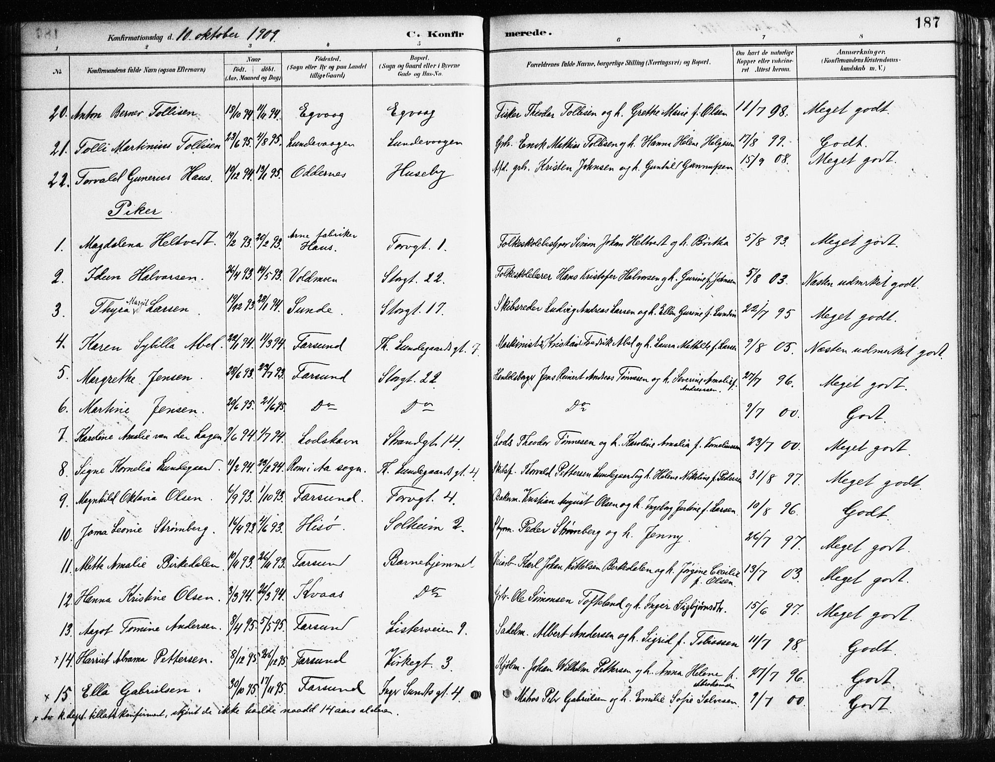 Farsund sokneprestkontor, AV/SAK-1111-0009/F/Fa/L0006: Parish register (official) no. A 6, 1887-1920, p. 187