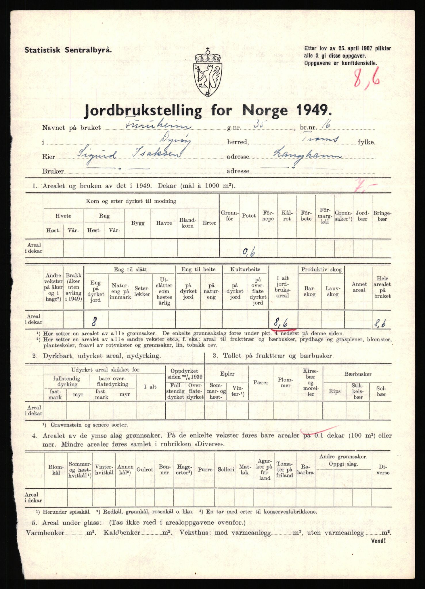 Statistisk sentralbyrå, Næringsøkonomiske emner, Jordbruk, skogbruk, jakt, fiske og fangst, AV/RA-S-2234/G/Gc/L0440: Troms: Sørreisa og Dyrøy, 1949, p. 956