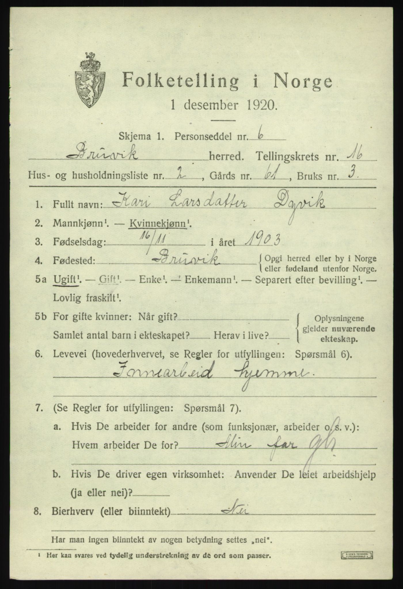 SAB, 1920 census for Bruvik, 1920, p. 9564