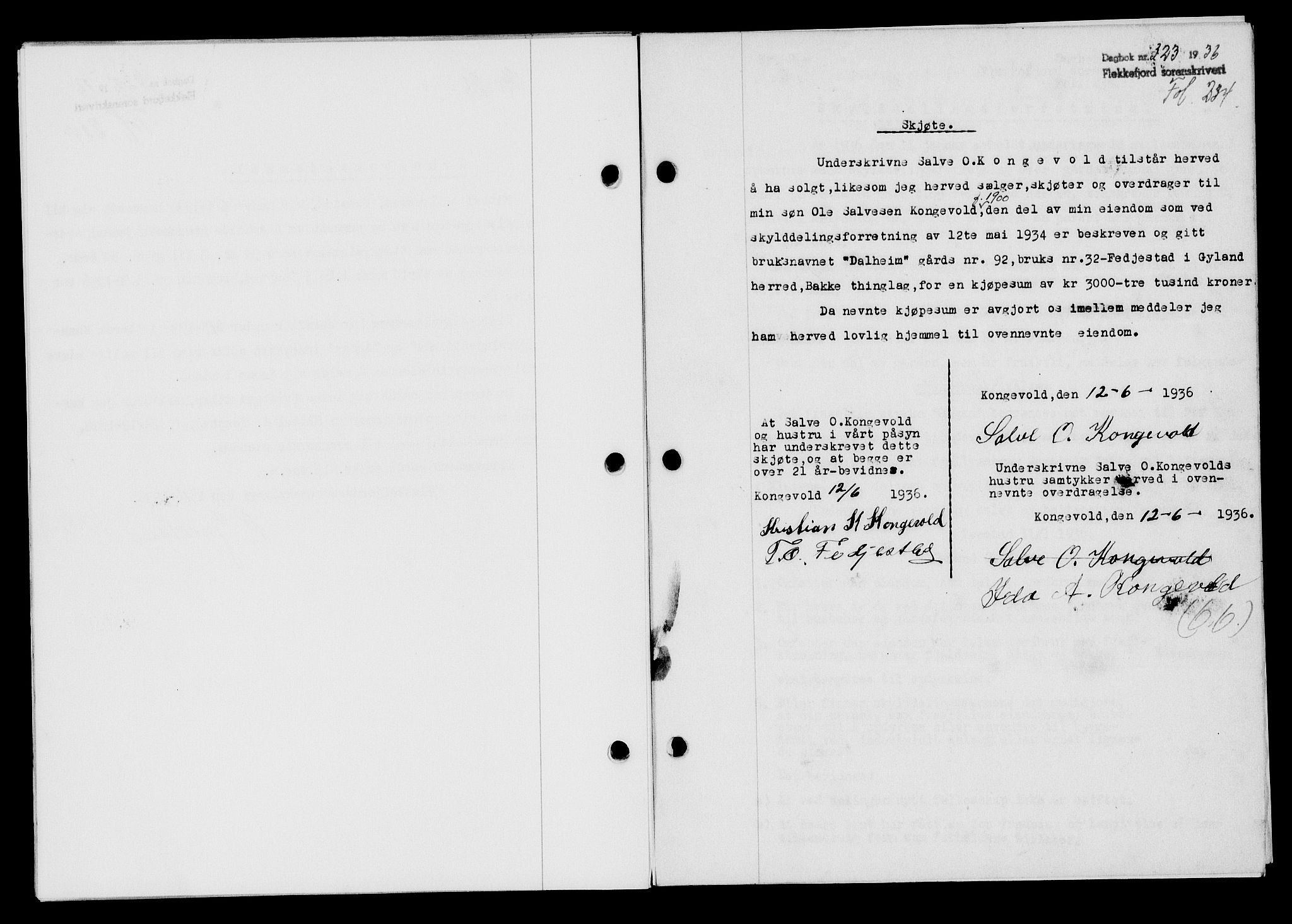 Flekkefjord sorenskriveri, SAK/1221-0001/G/Gb/Gba/L0053: Mortgage book no. A-1, 1936-1937, Diary no: : 323/1936