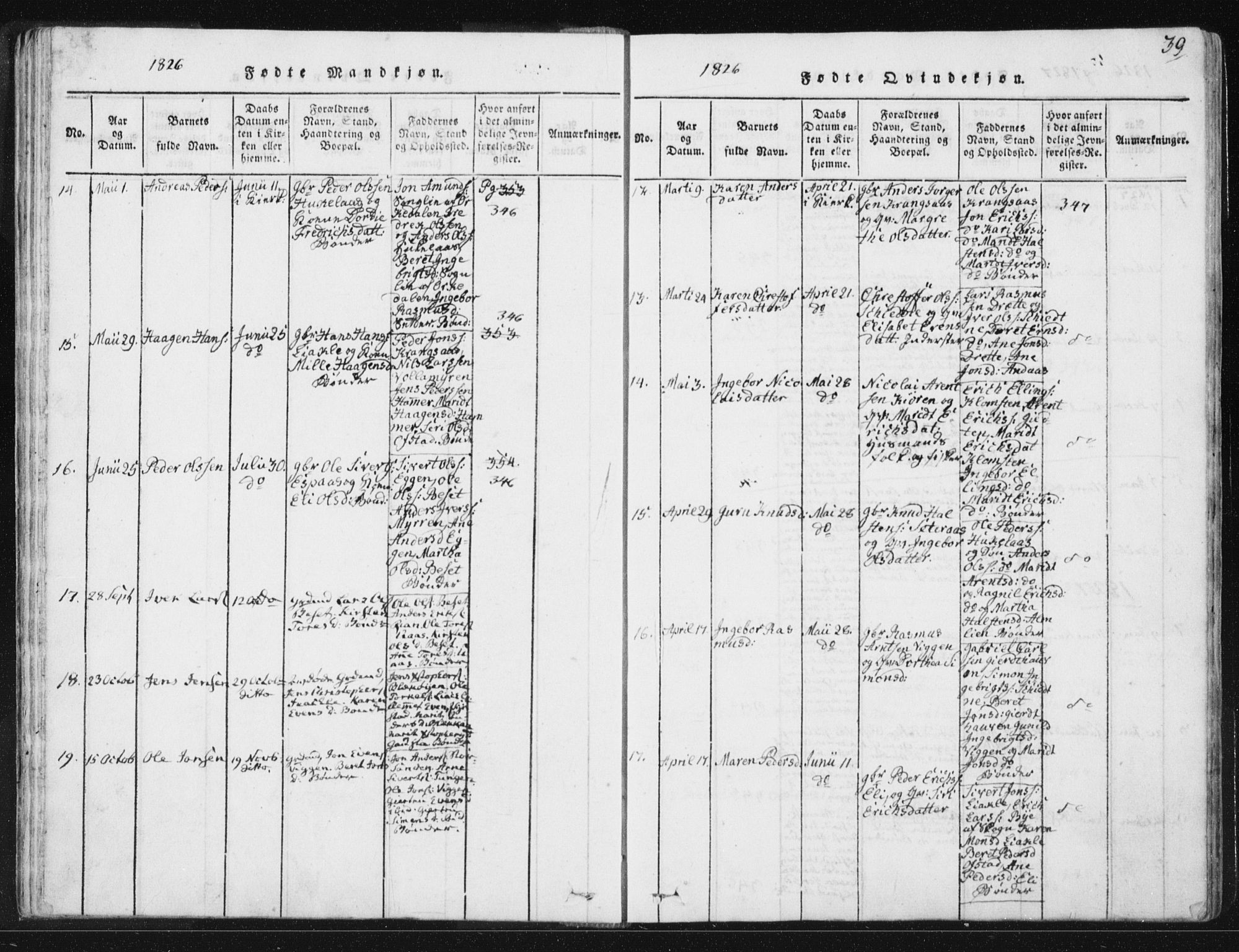 Ministerialprotokoller, klokkerbøker og fødselsregistre - Sør-Trøndelag, SAT/A-1456/665/L0770: Parish register (official) no. 665A05, 1817-1829, p. 39