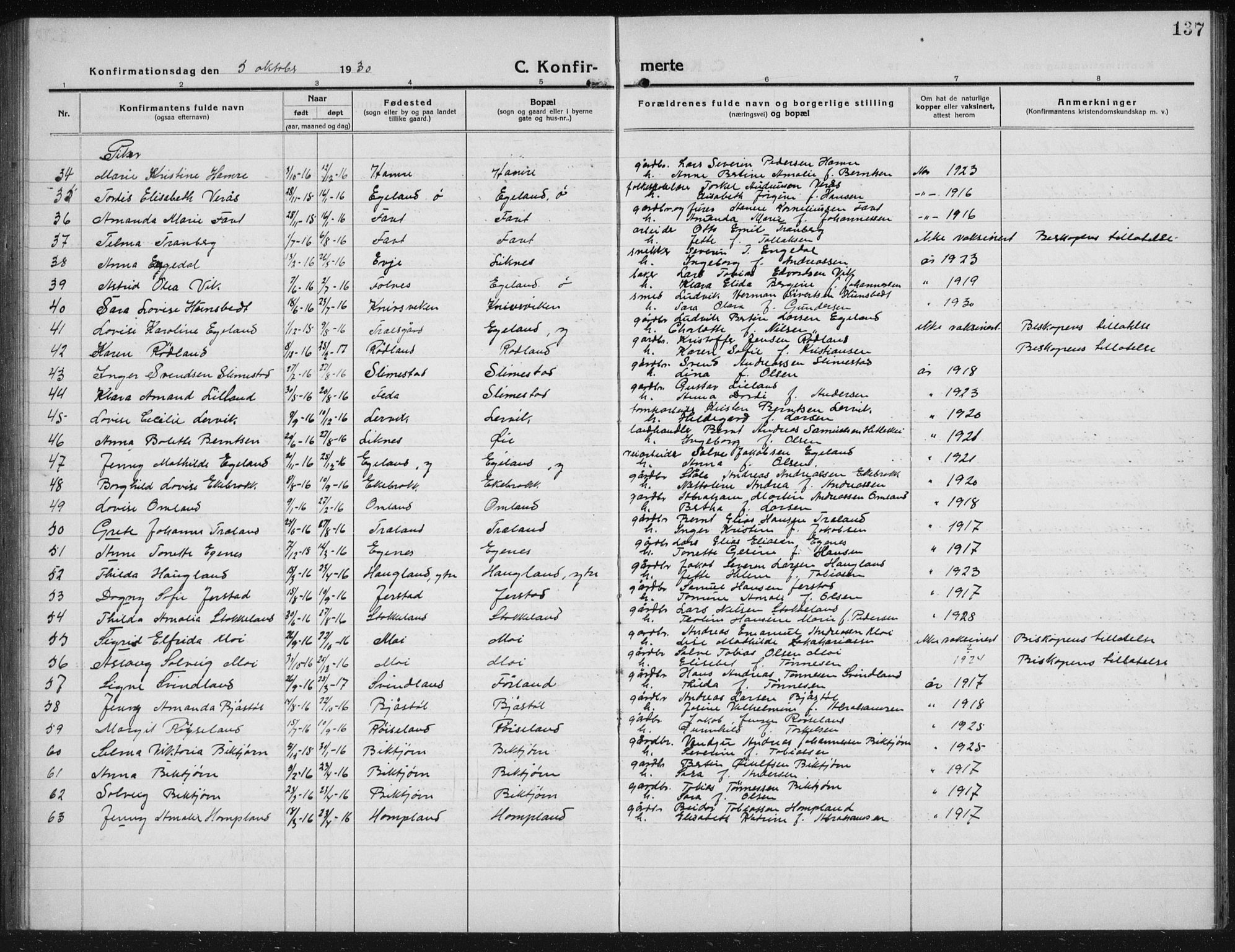 Kvinesdal sokneprestkontor, SAK/1111-0026/F/Fb/Fbb/L0004: Parish register (copy) no. B 4, 1917-1938, p. 137