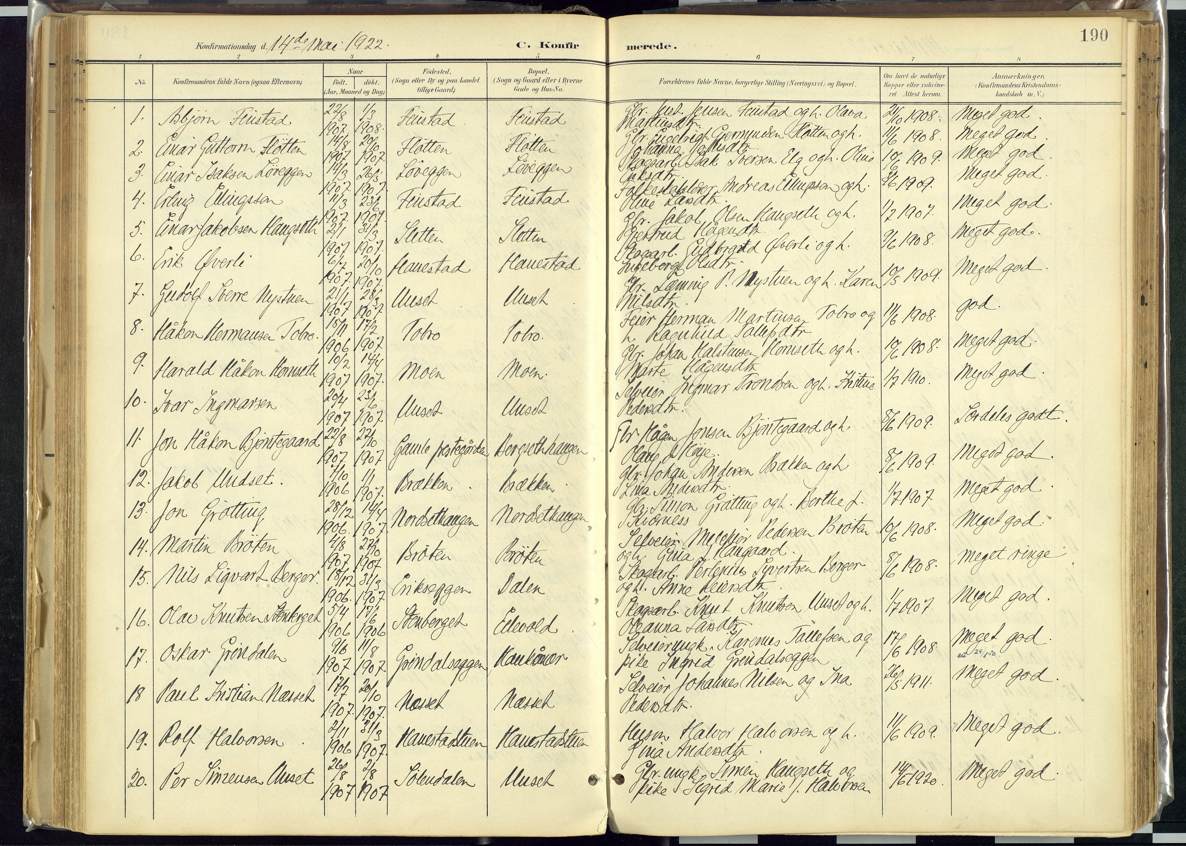 Rendalen prestekontor, SAH/PREST-054/H/Ha/Haa/L0012: Parish register (official) no. 12, 1901-1928, p. 190