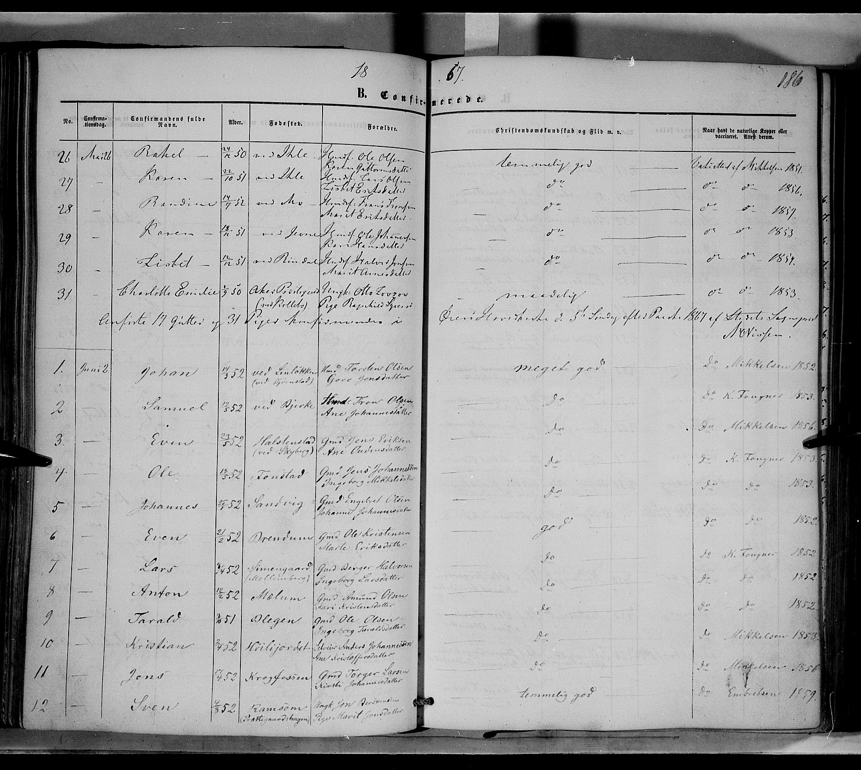 Øyer prestekontor, SAH/PREST-084/H/Ha/Haa/L0006: Parish register (official) no. 6, 1858-1874, p. 186
