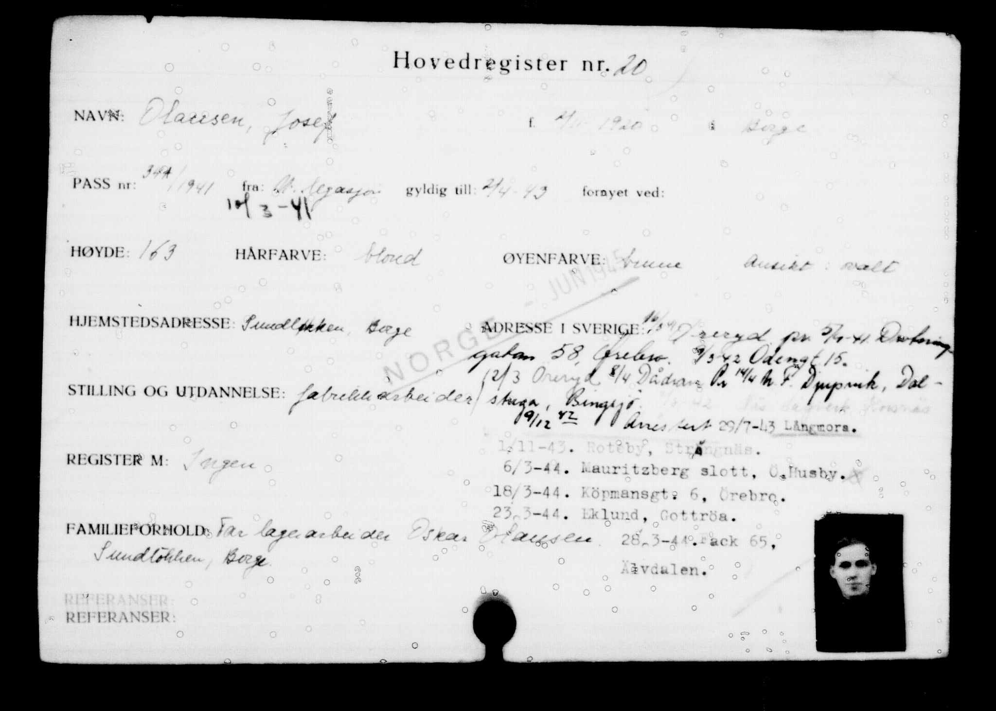 Utenriksstasjonene, Legasjonen i Stockholm, Flyktningkontoret, AV/RA-S-6753/V/Va/L0001: Kjesäterkartoteket, flyktninger med registreringsnr. 1-1000, 1940-1945, p. 30