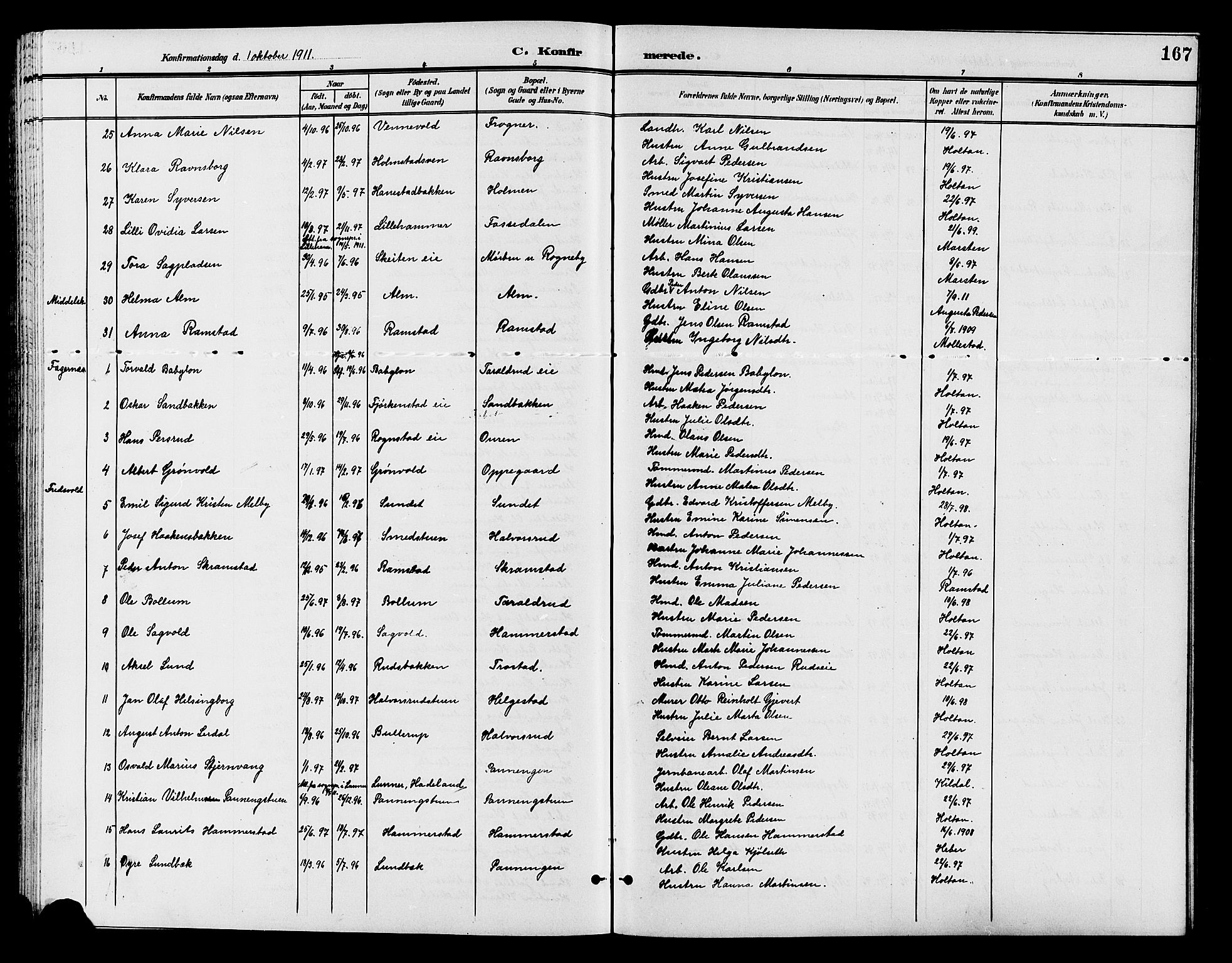 Østre Toten prestekontor, AV/SAH-PREST-104/H/Ha/Hab/L0007: Parish register (copy) no. 7, 1901-1912, p. 167