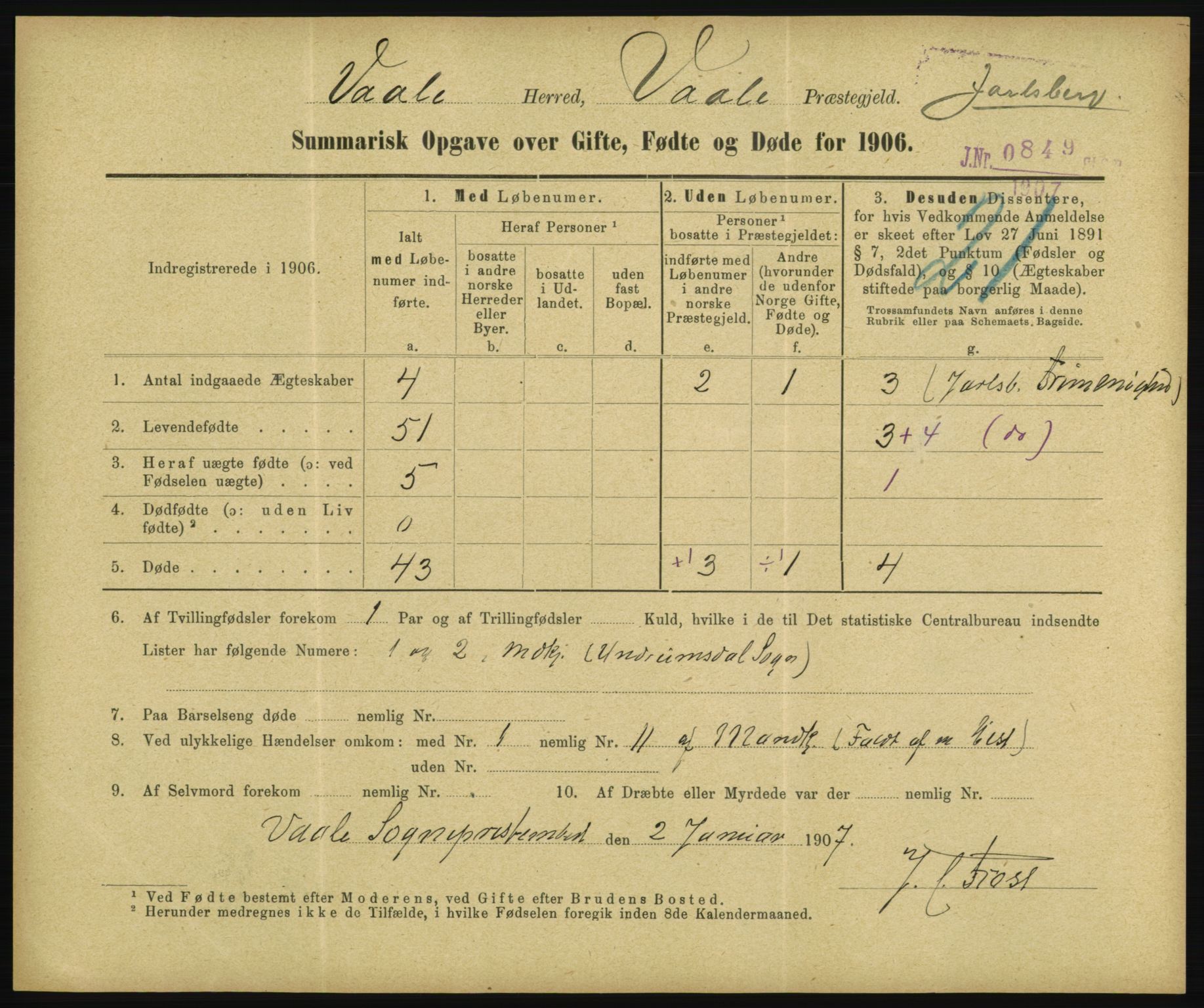 Statistisk sentralbyrå, Sosiodemografiske emner, Befolkning, RA/S-2228/D/Df/Dfa/Dfad/L0050: Summariske oppgaver over gifte, fødte, døde. Bygder., 1906, p. 315