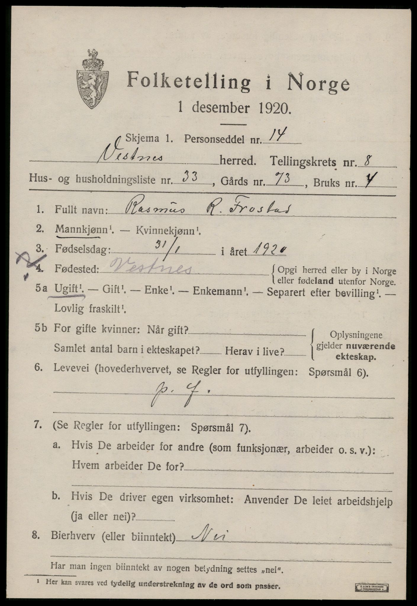 SAT, 1920 census for Vestnes, 1920, p. 5965