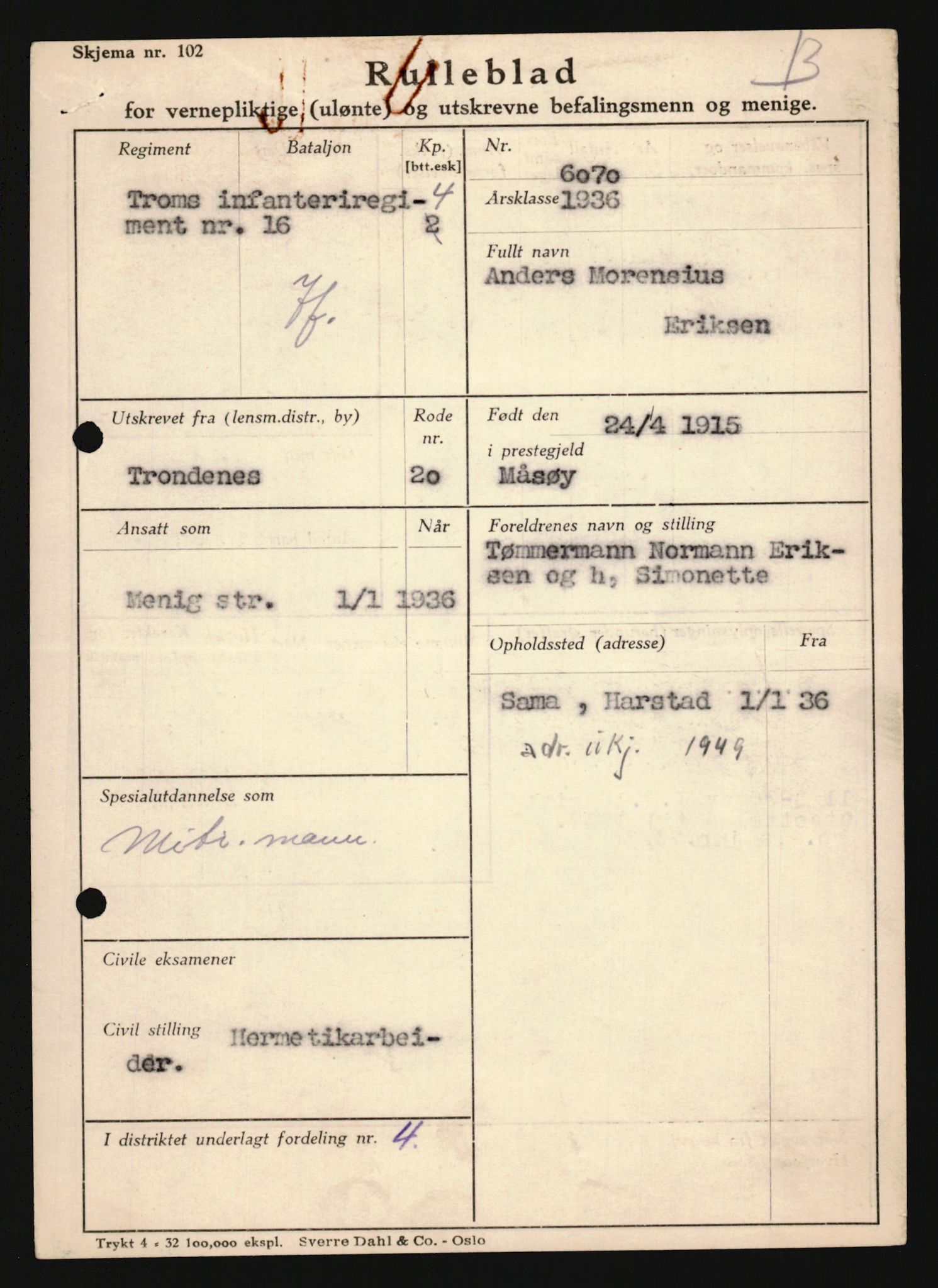 Forsvaret, Troms infanteriregiment nr. 16, AV/RA-RAFA-3146/P/Pa/L0020: Rulleblad for regimentets menige mannskaper, årsklasse 1936, 1936, p. 197