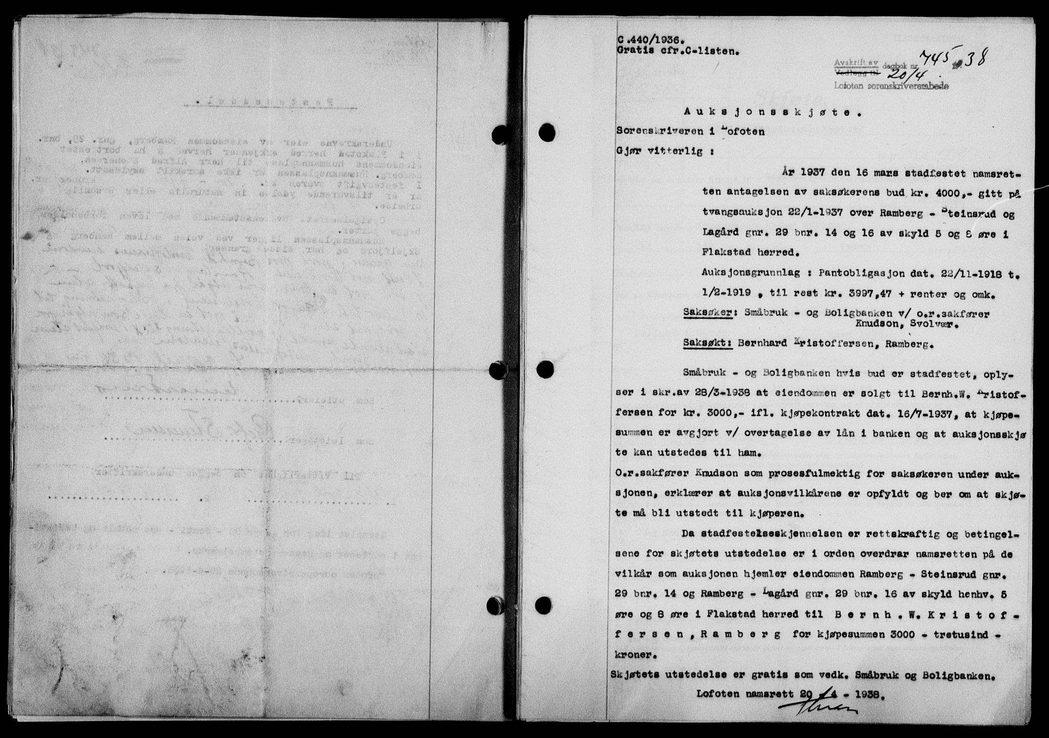 Lofoten sorenskriveri, SAT/A-0017/1/2/2C/L0004a: Mortgage book no. 4a, 1938-1938, Diary no: : 745/1938