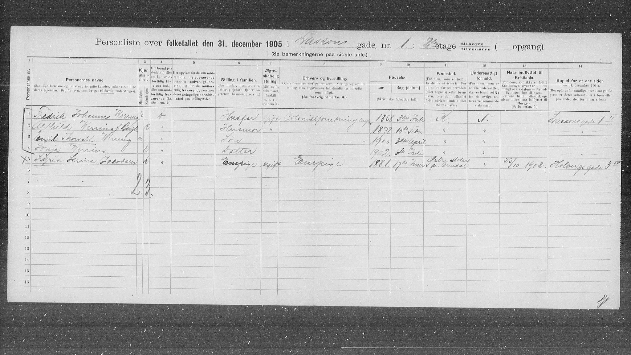 OBA, Municipal Census 1905 for Kristiania, 1905, p. 30026