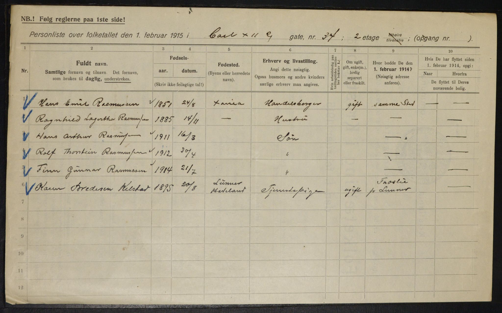 OBA, Municipal Census 1915 for Kristiania, 1915, p. 48182