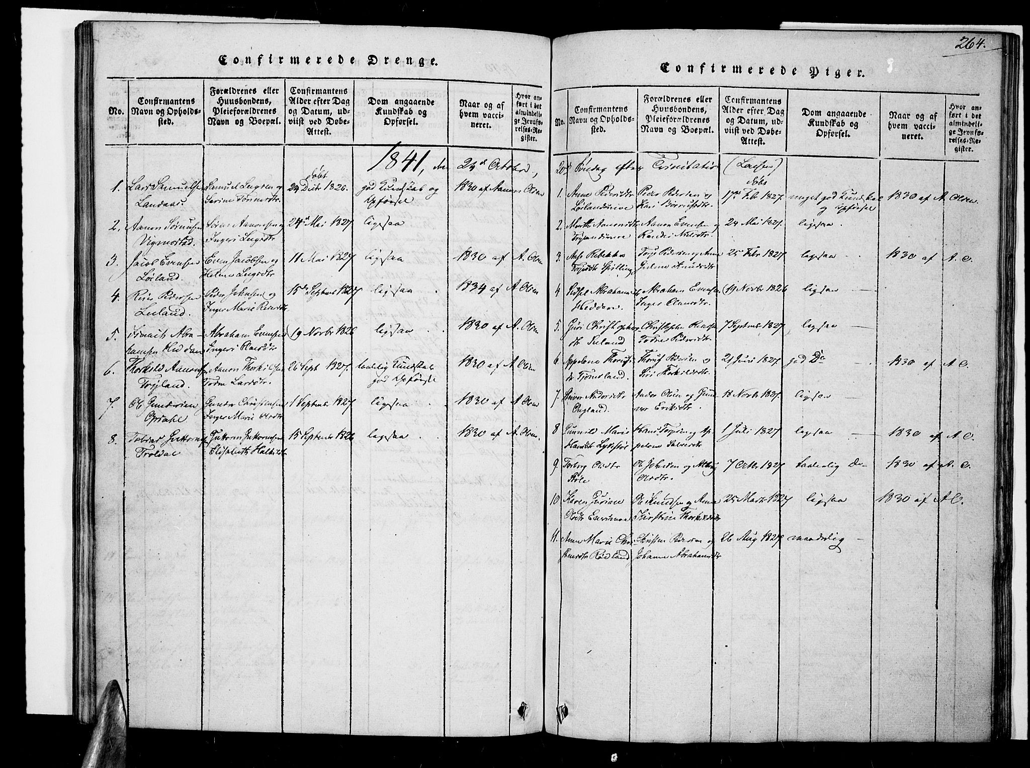 Nord-Audnedal sokneprestkontor, SAK/1111-0032/F/Fa/Fab/L0001: Parish register (official) no. A 1, 1816-1858, p. 264