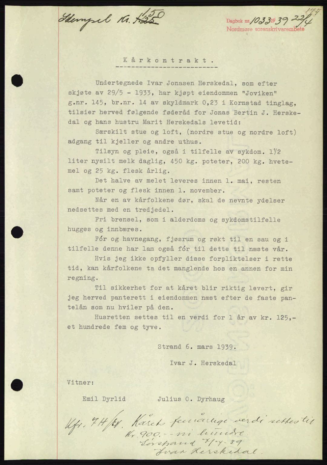 Nordmøre sorenskriveri, AV/SAT-A-4132/1/2/2Ca: Mortgage book no. B85, 1939-1939, Diary no: : 1033/1939