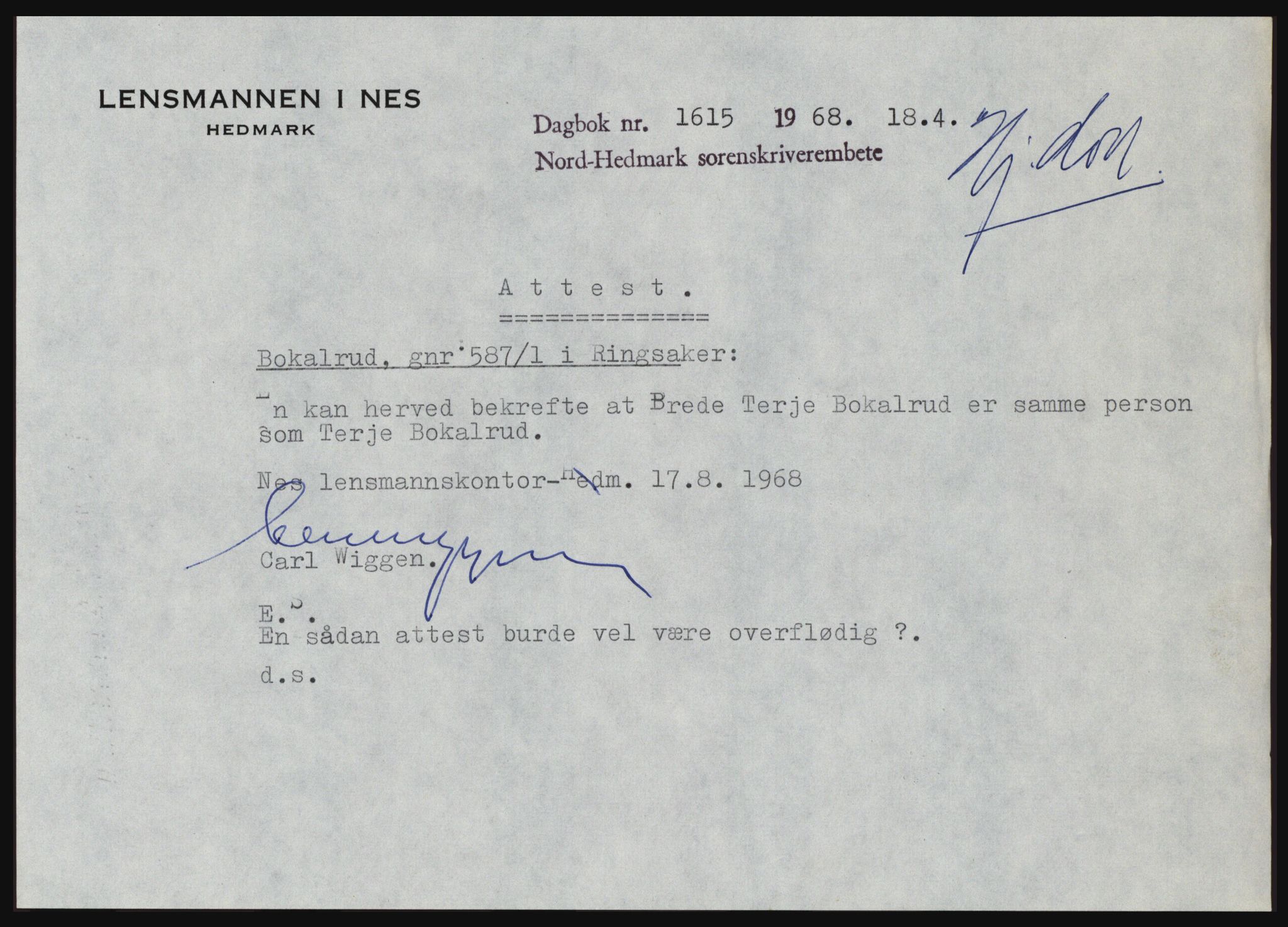 Nord-Hedmark sorenskriveri, SAH/TING-012/H/Hc/L0027: Mortgage book no. 27, 1967-1968, Diary no: : 1615/1968