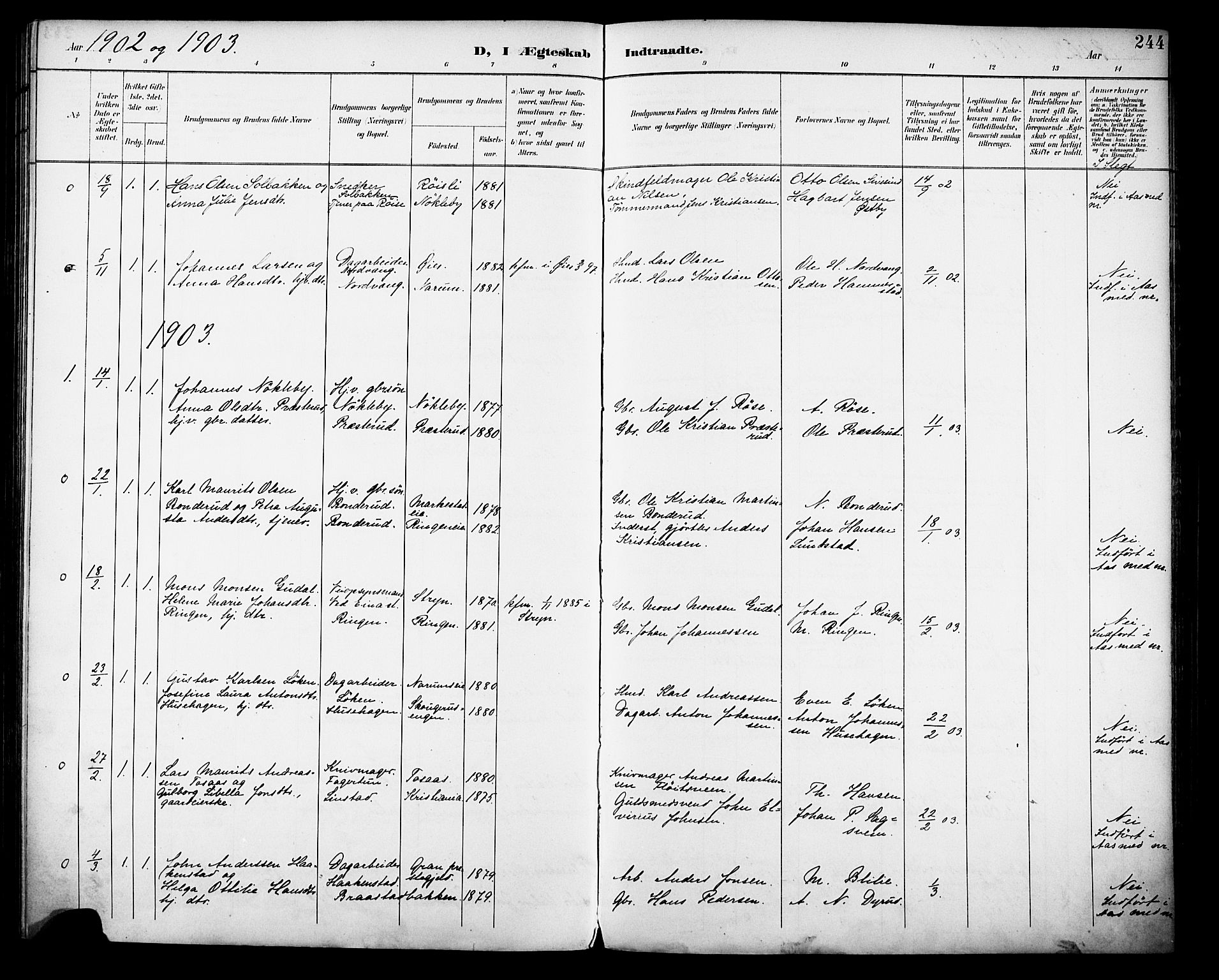 Vestre Toten prestekontor, SAH/PREST-108/H/Ha/Haa/L0013: Parish register (official) no. 13, 1895-1911, p. 244
