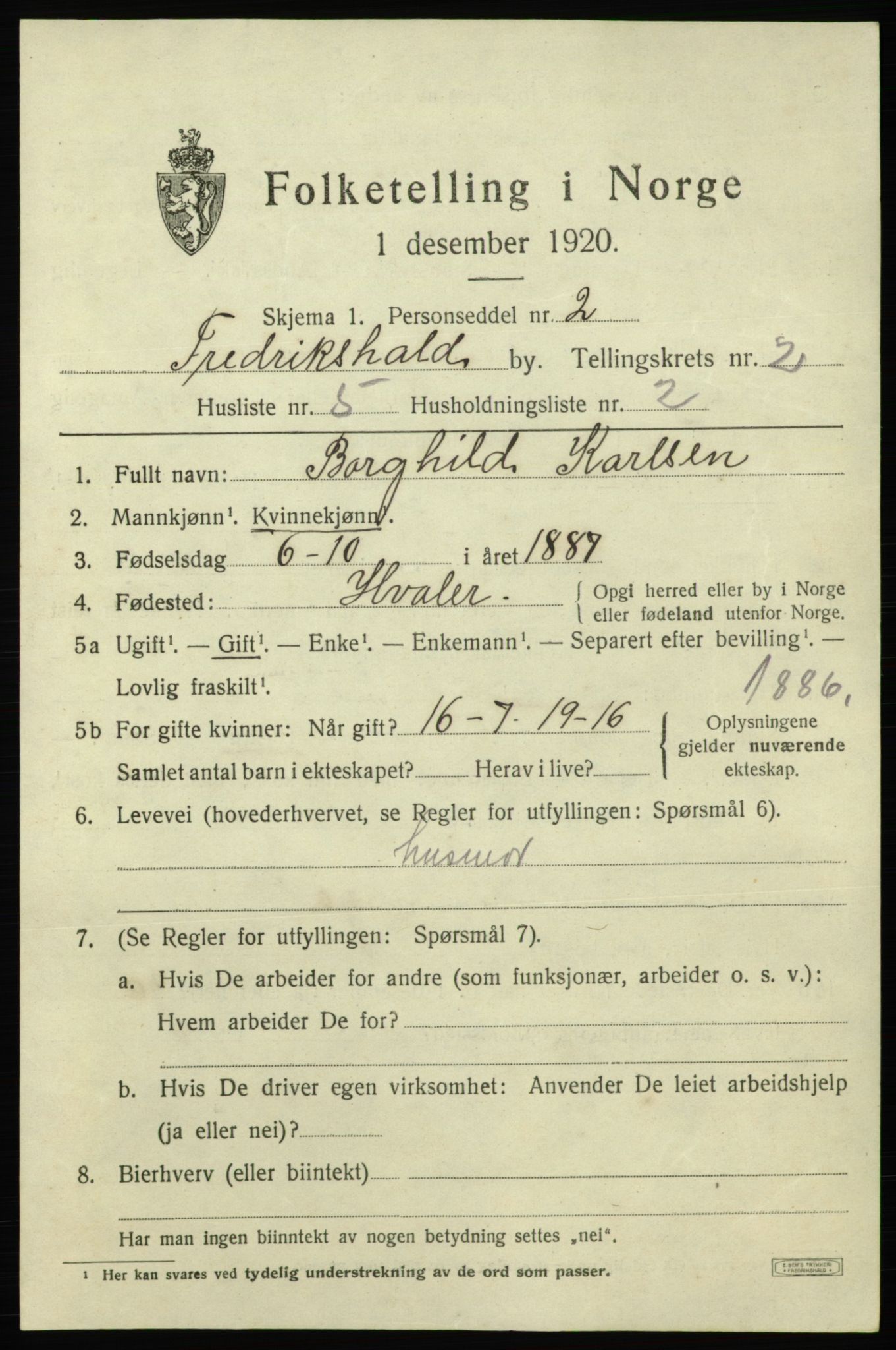 SAO, 1920 census for Fredrikshald, 1920, p. 9316