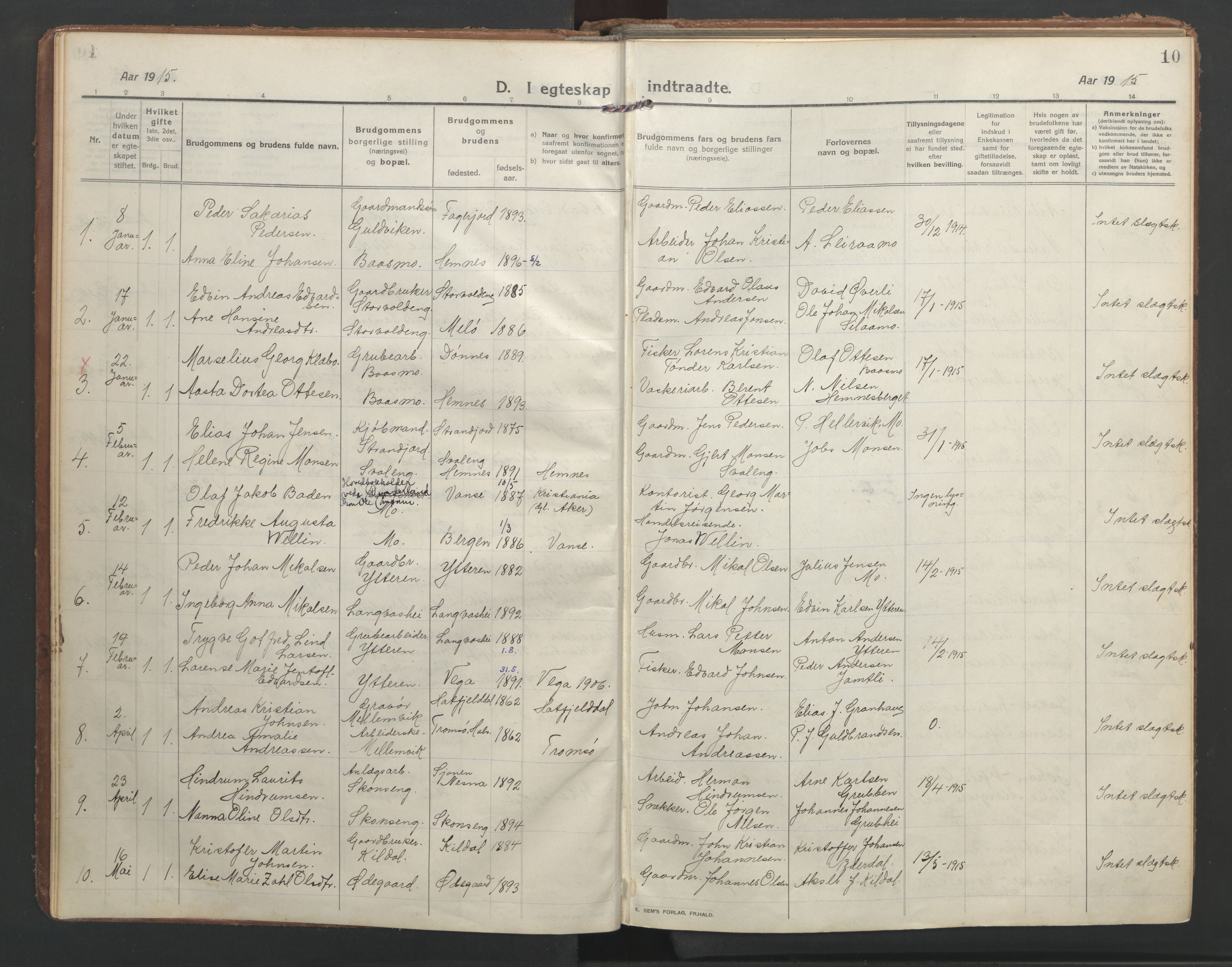 Ministerialprotokoller, klokkerbøker og fødselsregistre - Nordland, SAT/A-1459/827/L0405: Parish register (official) no. 827A17, 1912-1925, p. 10