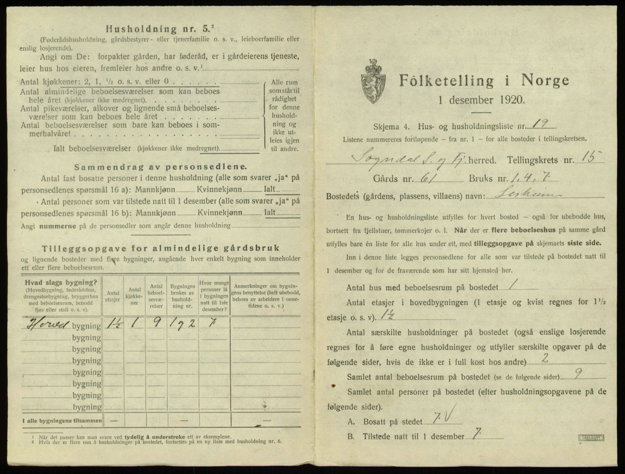 SAB, 1920 census for Sogndal, 1920, p. 849