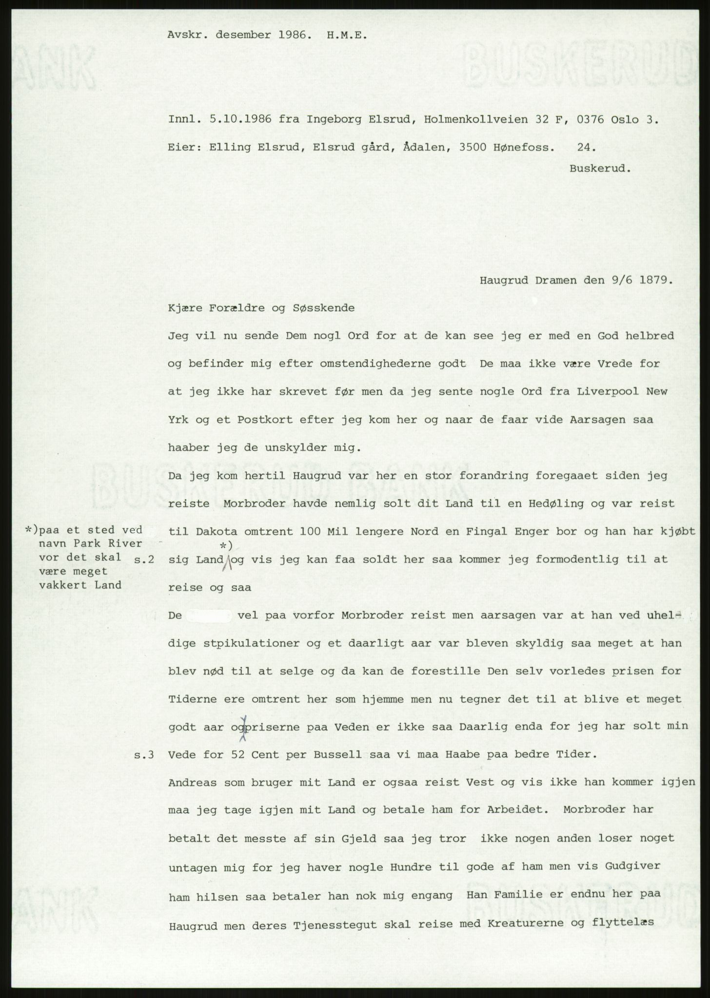 Samlinger til kildeutgivelse, Amerikabrevene, AV/RA-EA-4057/F/L0018: Innlån fra Buskerud: Elsrud, 1838-1914, p. 581