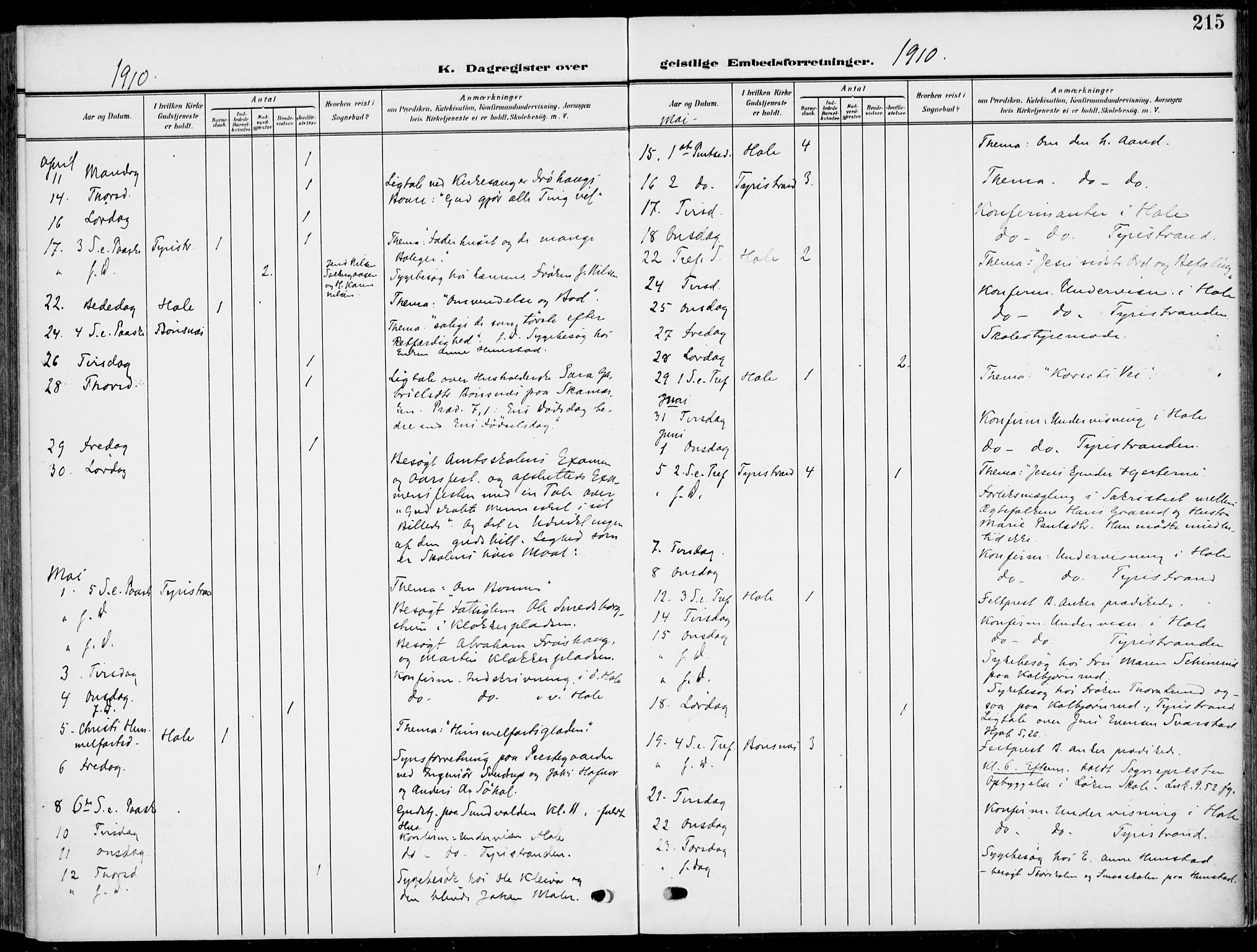 Hole kirkebøker, AV/SAKO-A-228/F/Fa/L0010: Parish register (official) no. I 10, 1907-1917, p. 215