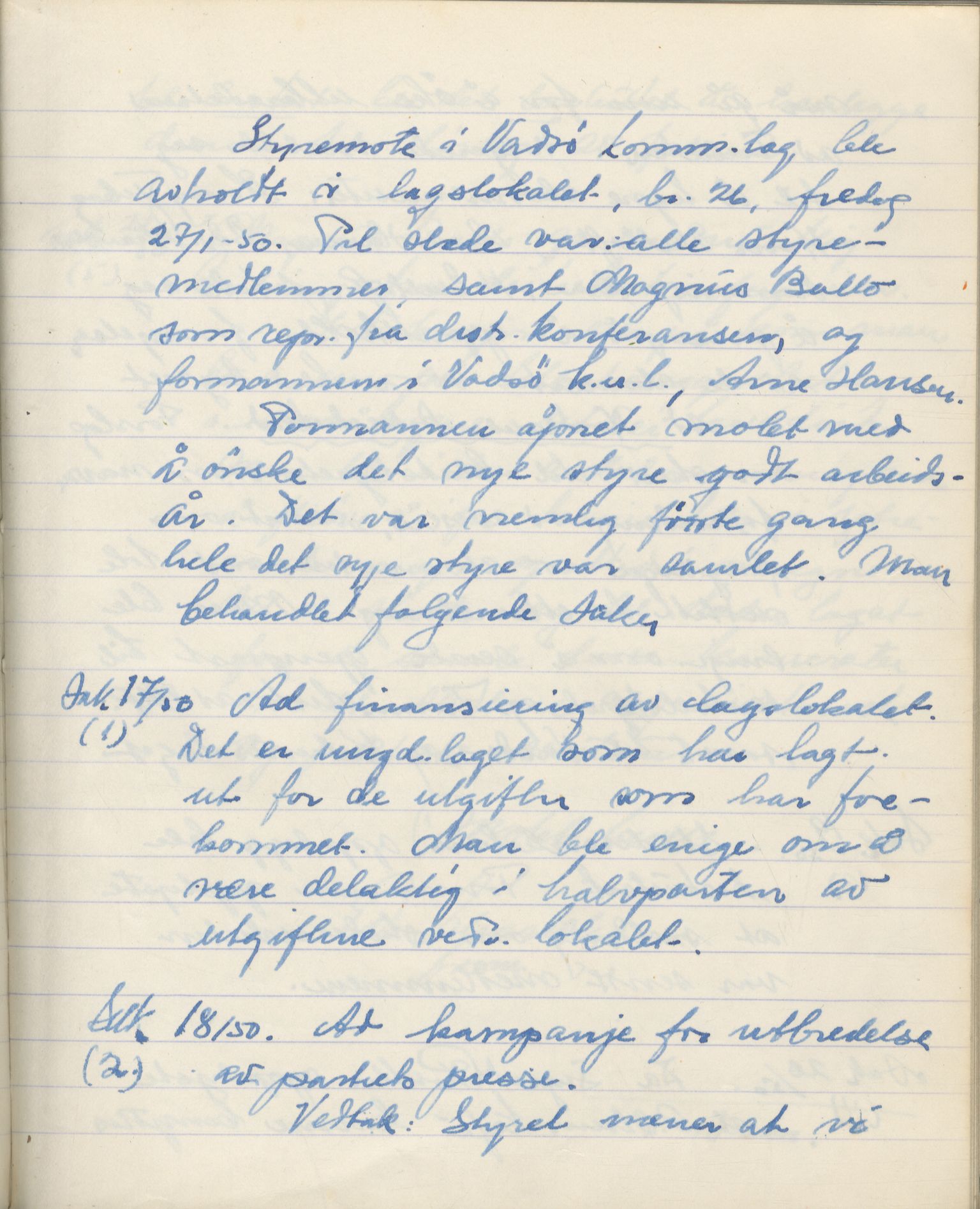 Vadsø kommunistiske parti, FMFB/A-1070/A/Aa/L0001: Styreprotokoll, 1948-1954