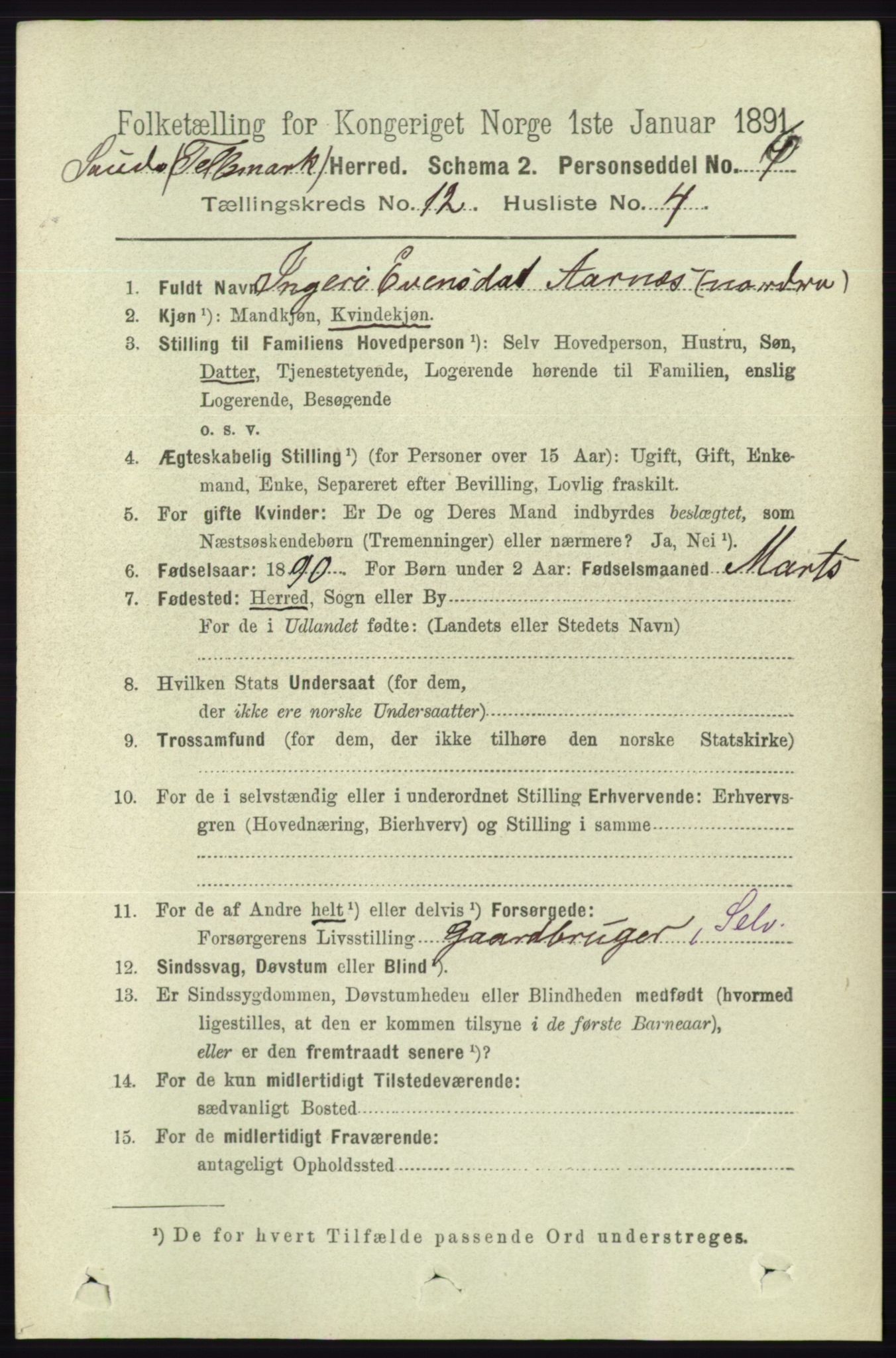 RA, 1891 census for 0822 Sauherad, 1891, p. 3643