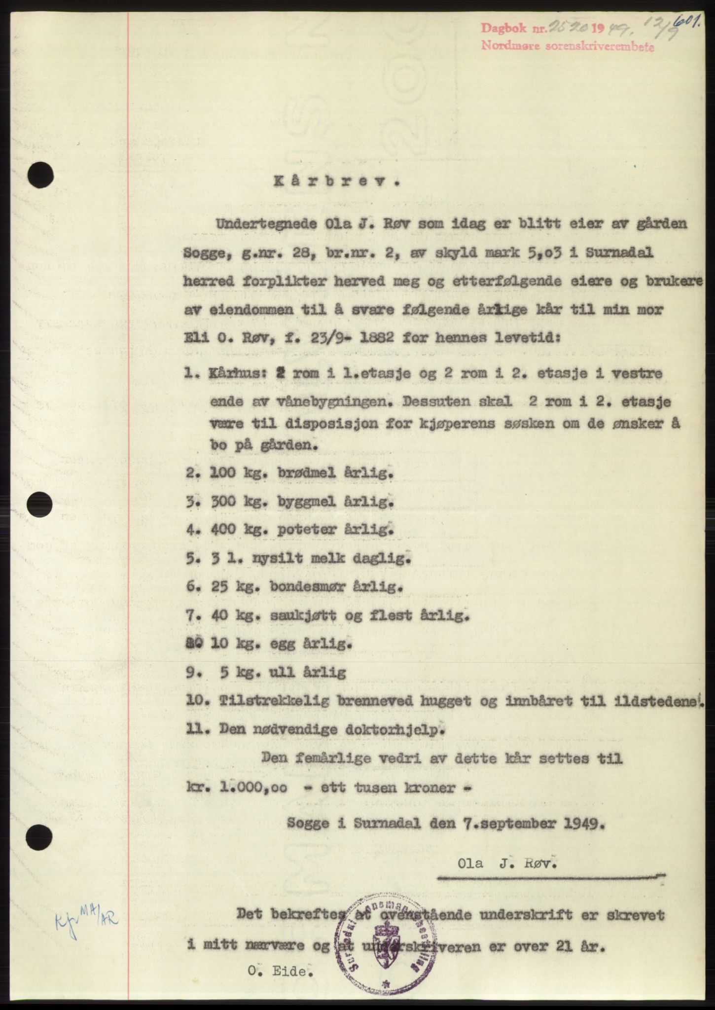 Nordmøre sorenskriveri, AV/SAT-A-4132/1/2/2Ca: Mortgage book no. B102, 1949-1949, Diary no: : 2520/1949