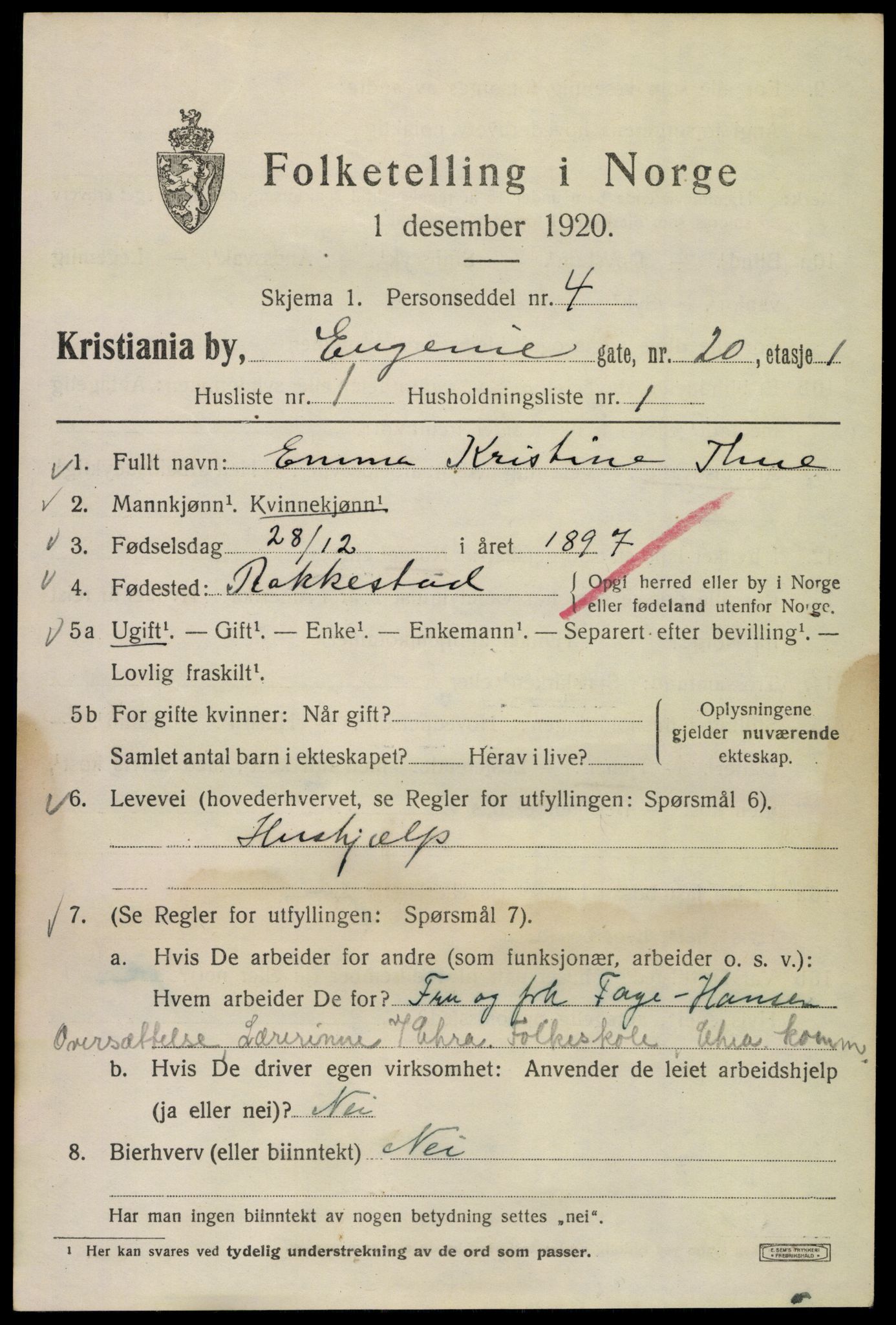 SAO, 1920 census for Kristiania, 1920, p. 224445