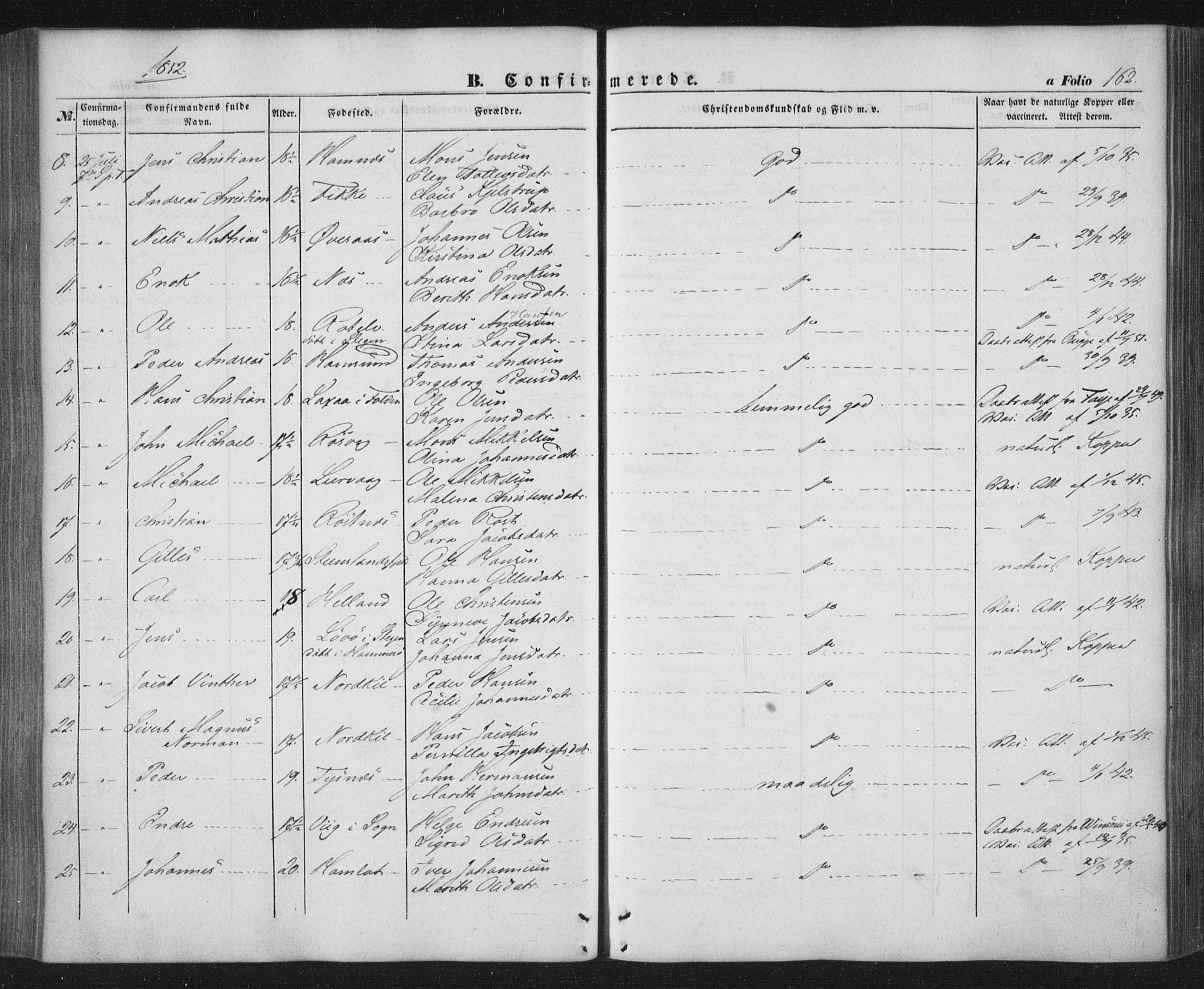 Ministerialprotokoller, klokkerbøker og fødselsregistre - Nordland, AV/SAT-A-1459/859/L0844: Parish register (official) no. 859A04, 1849-1862, p. 162