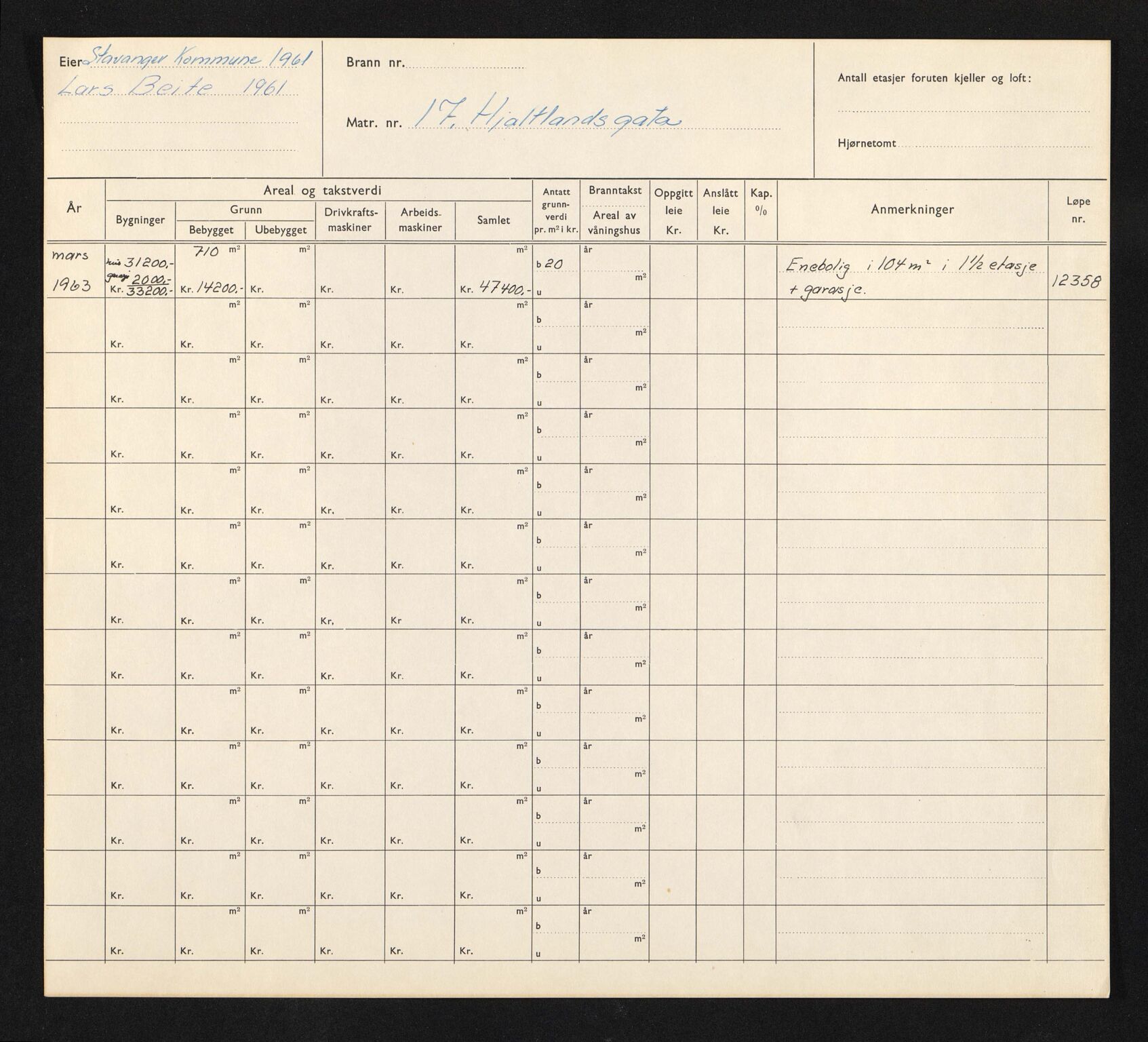 Stavanger kommune. Skattetakstvesenet, BYST/A-0440/F/Fa/Faa/L0018/0007: Skattetakstkort / Hjaltlandsgata 16 - Hjelmelandsgata 6