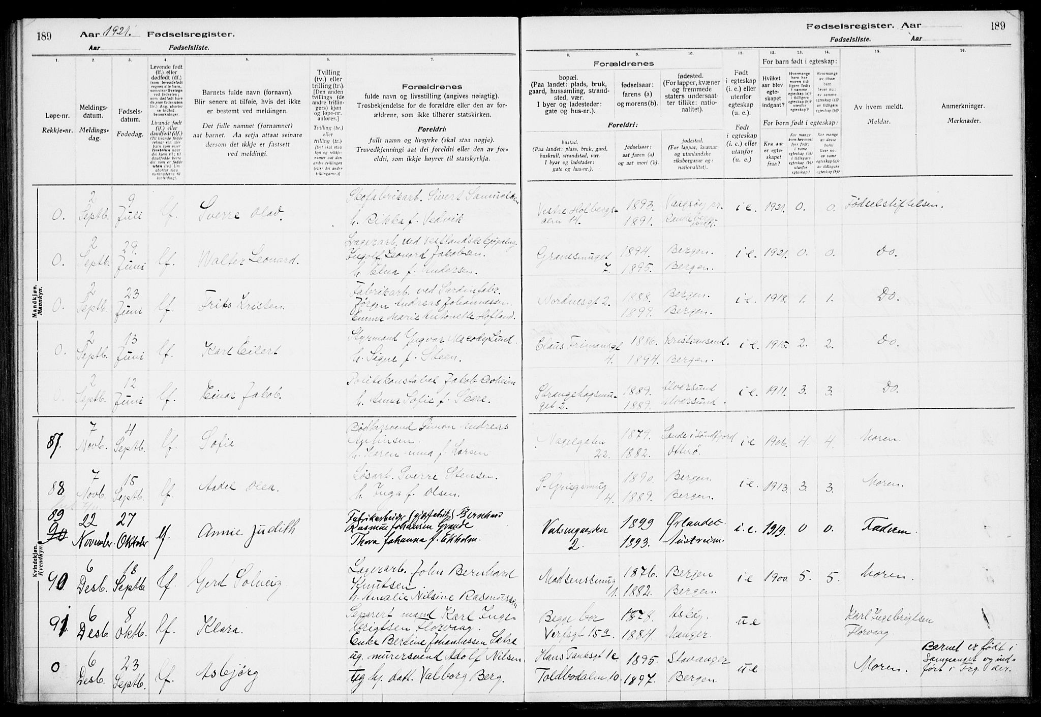 Nykirken Sokneprestembete, AV/SAB-A-77101/I/Id/L00A1: Birth register no. A 1, 1916-1922, p. 189